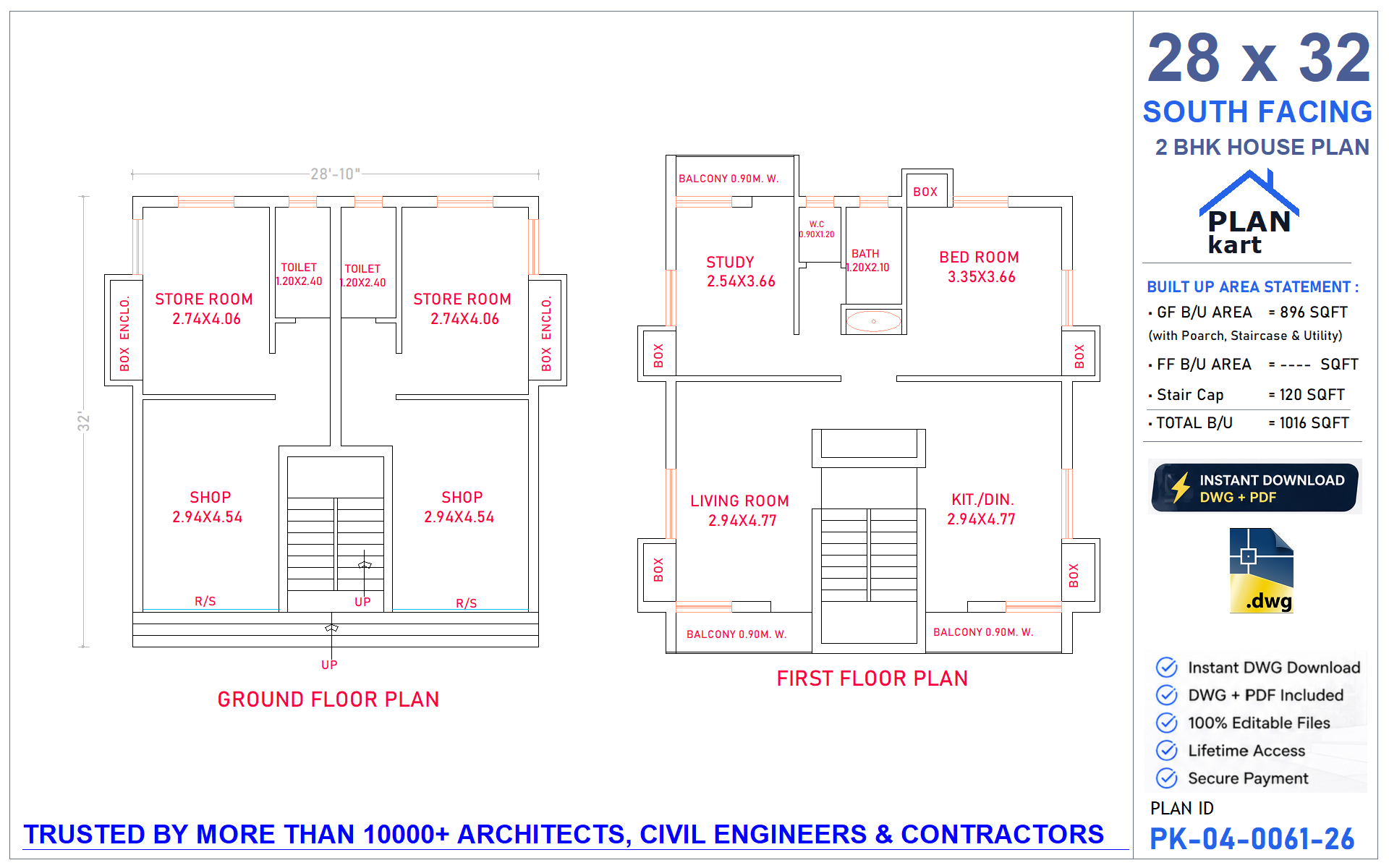 28 x 32 South Facing 2 BHK House Plan - view 1