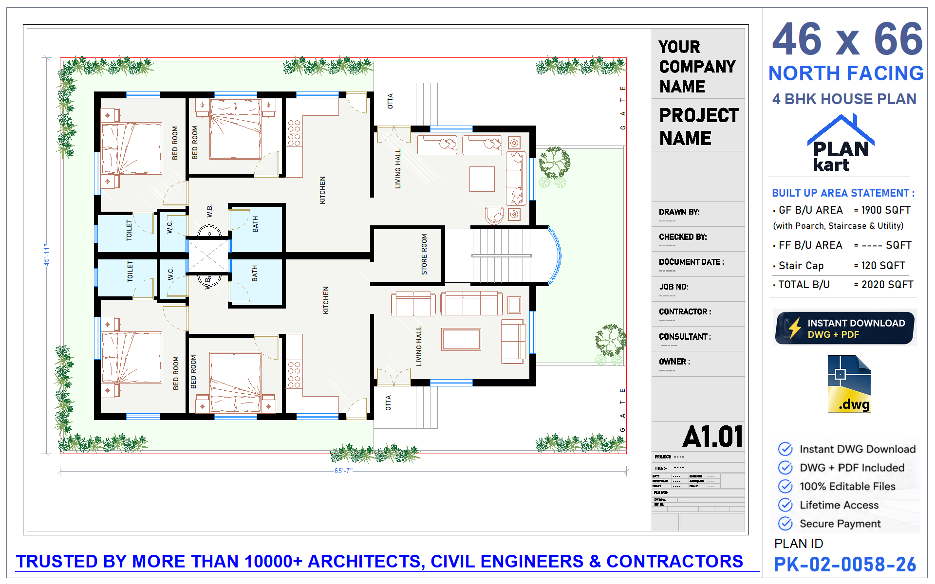 46x66 North Facing 4 BHK House Plan