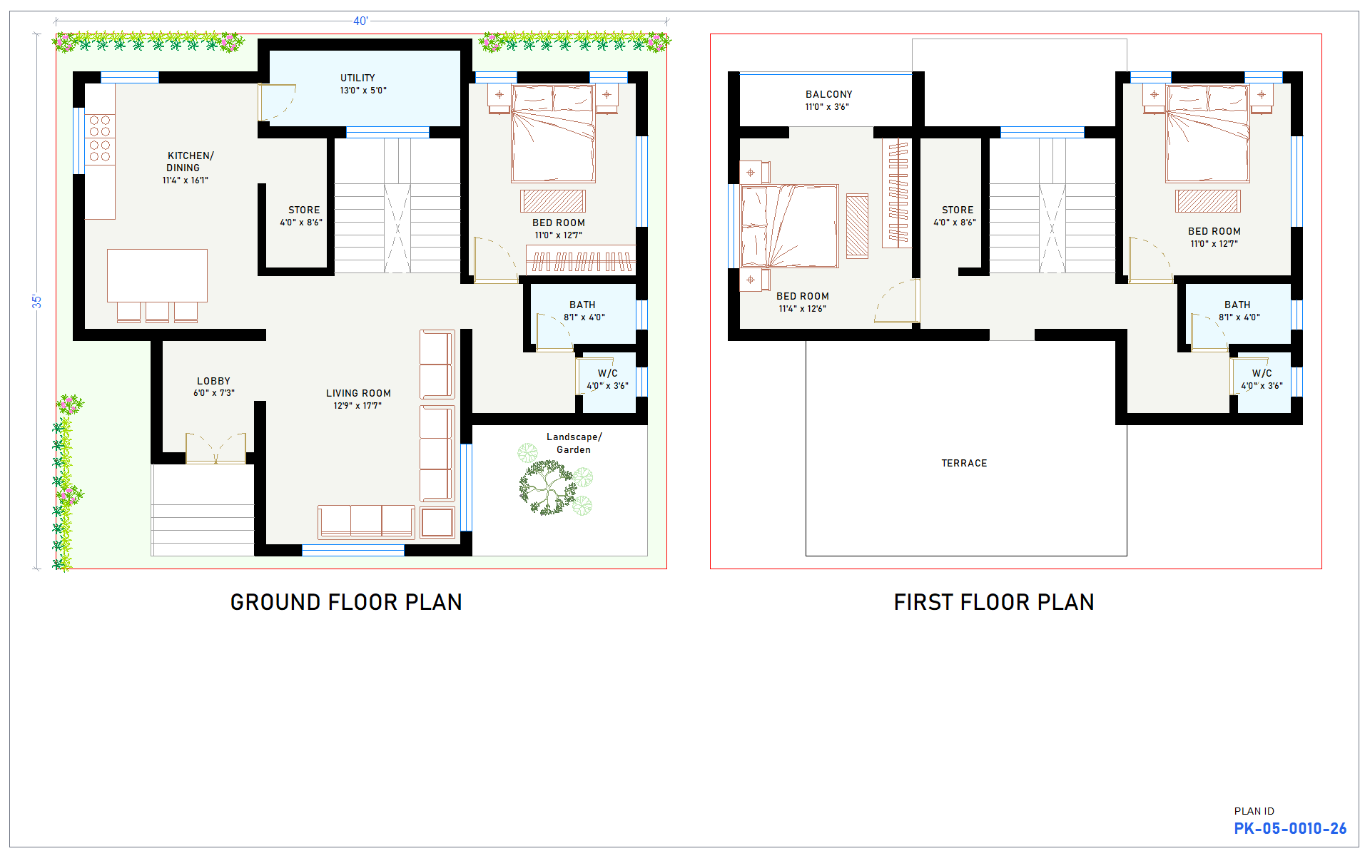 40x35 North Facing 3BHK House Plan - view 1