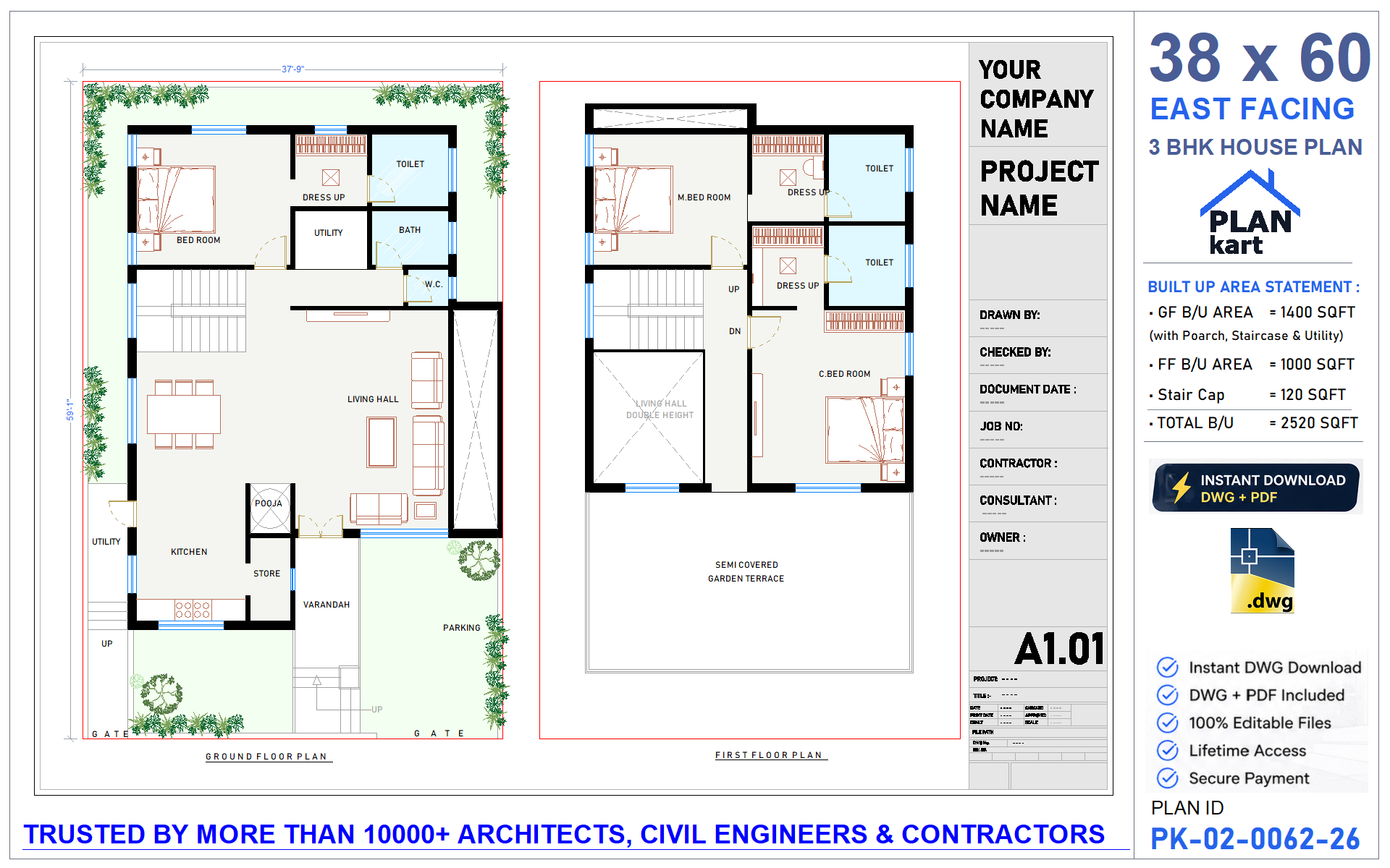 38x60 East Facing 3 BHK House Plan