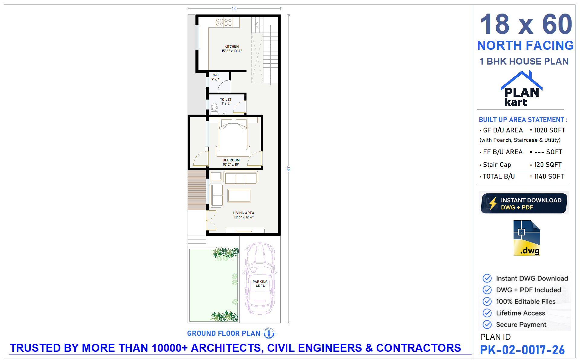 18 x 60 North Facing House Plan | Editable AutoCAD Floor Plan