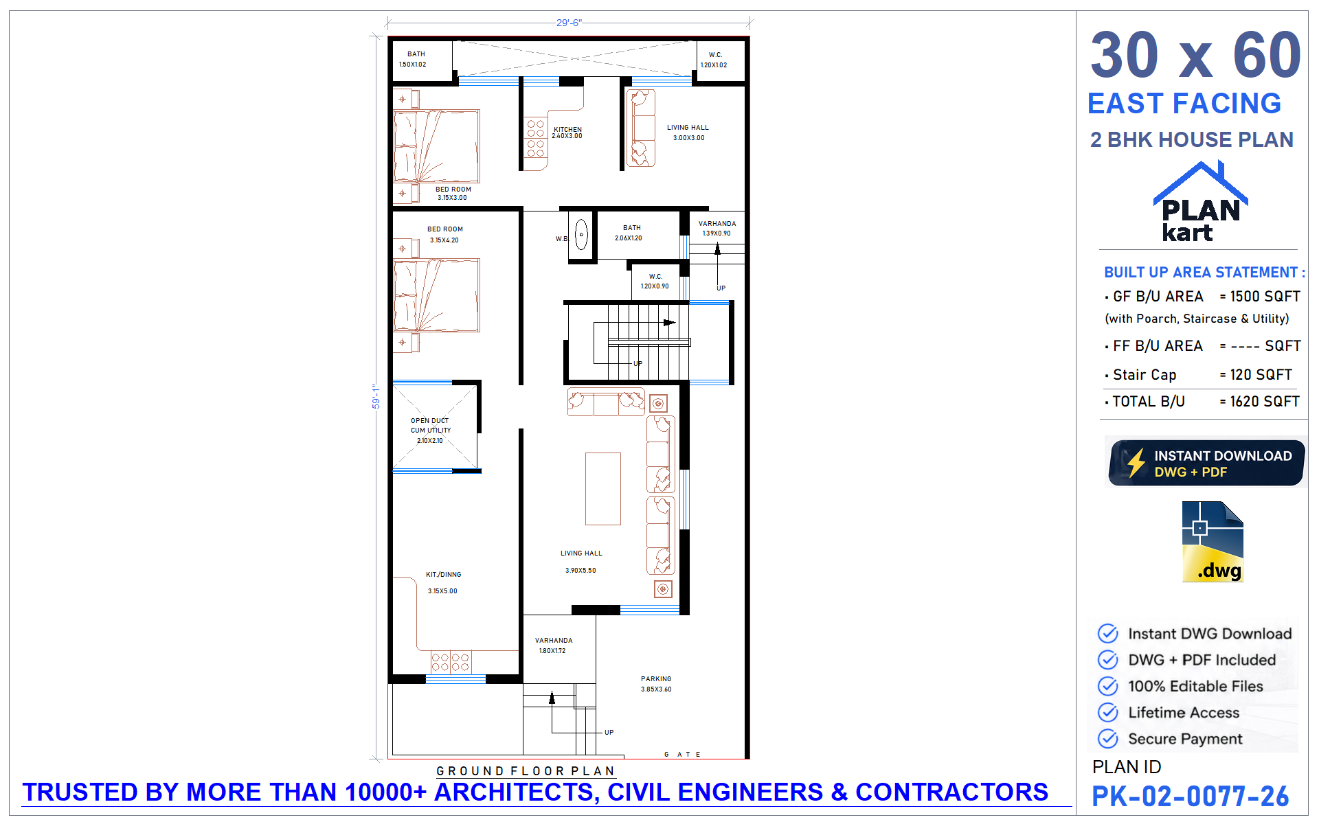 30x60 East Facing 2 BHK House Plan