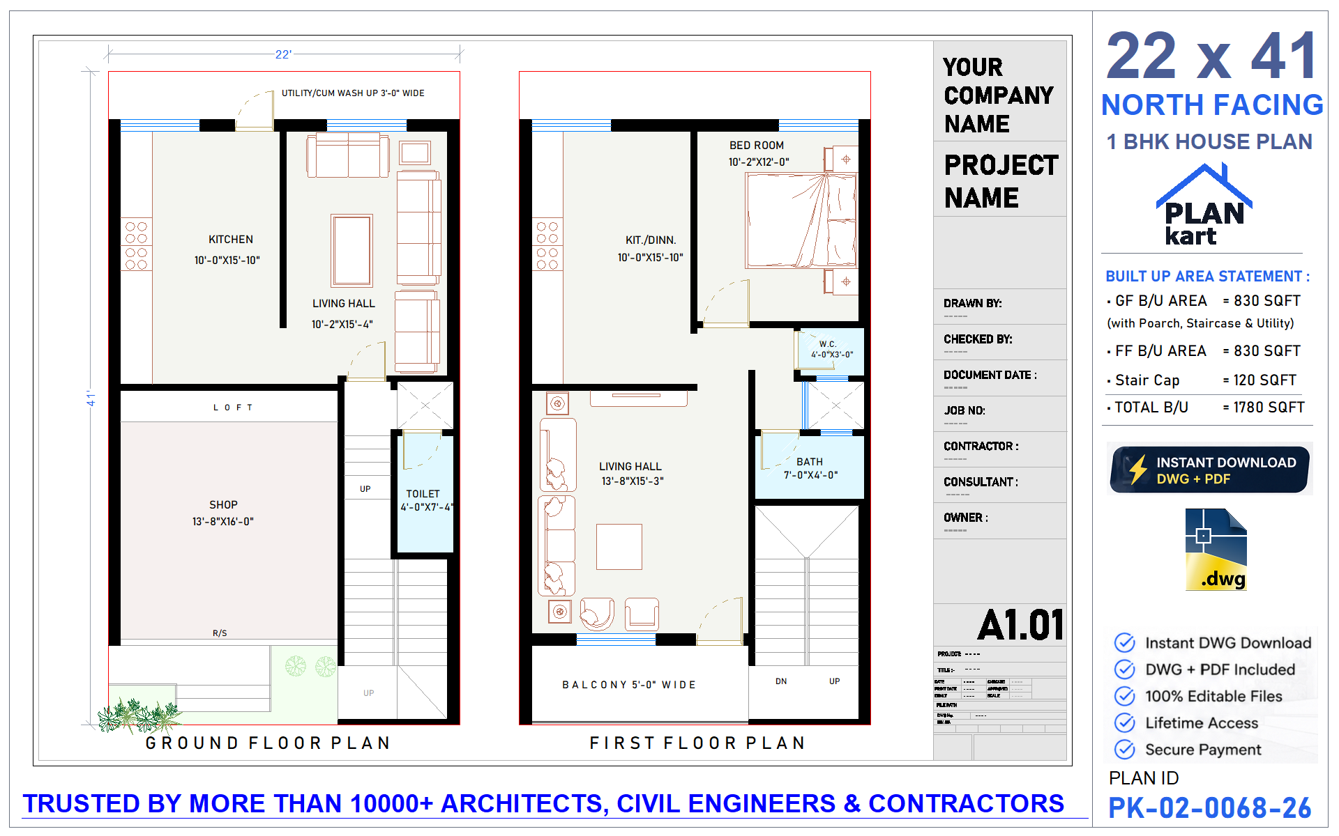 22x41 North Facing 1 BHK House Plan