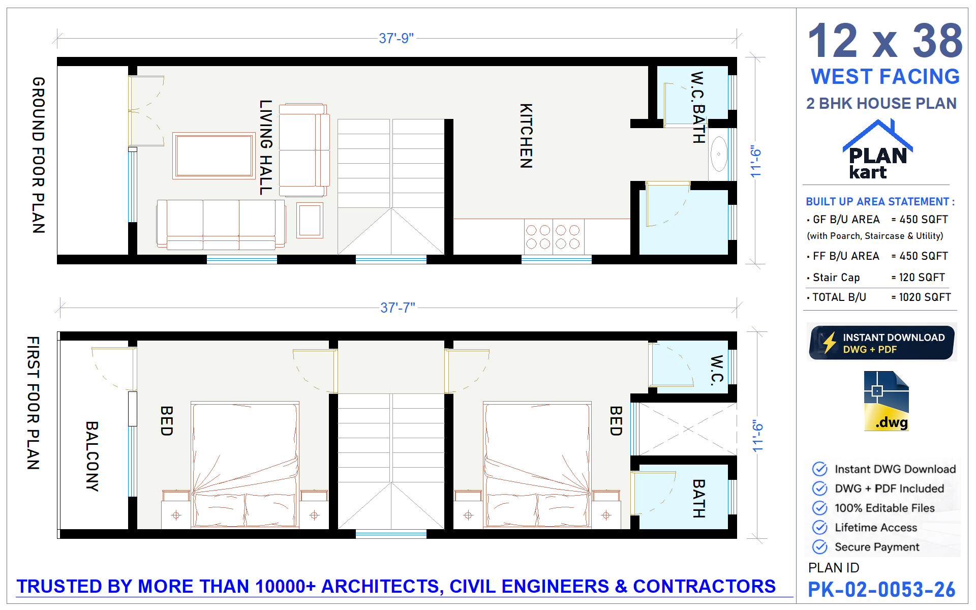 12x38 West Facing 2 BHK House Plan