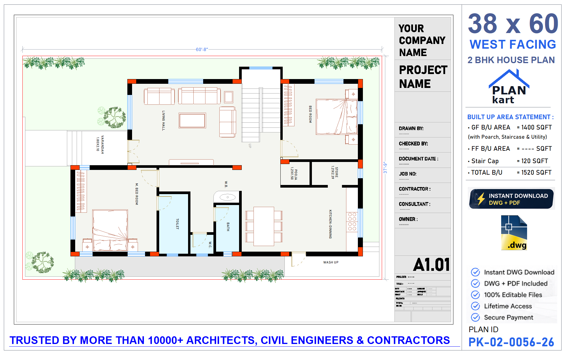 38x60 West Facing 2 BHK House Plan