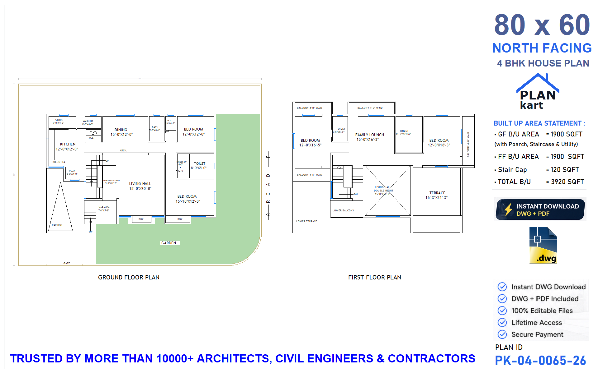 80 x 60 North Facing 4 BHK House Plan - view 1
