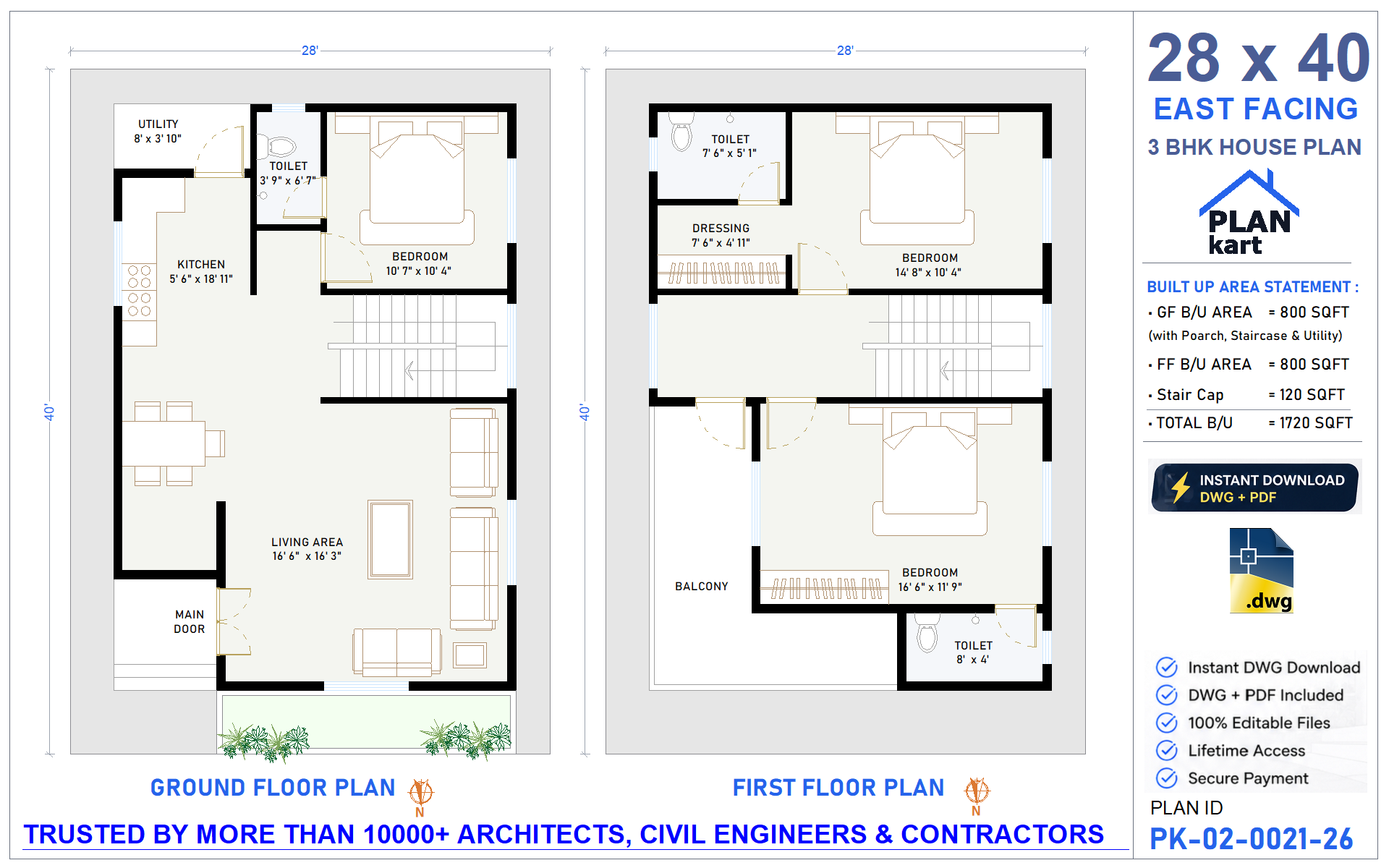 28 x 40 East Facing House Plan | 3 BHK - view 1