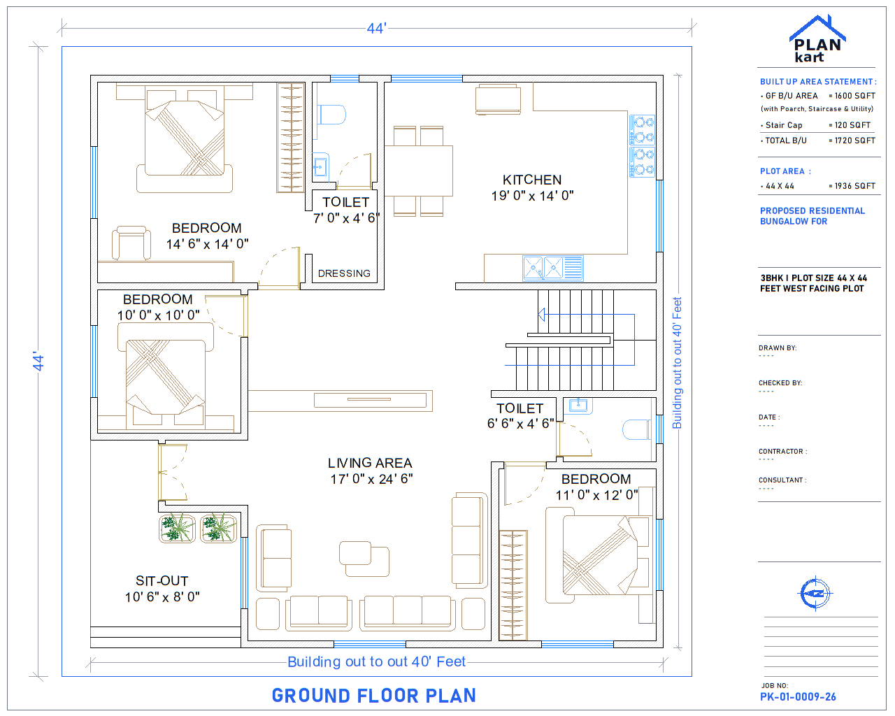 3 BHK I 44 x 44 ft West Facing (.dwg)