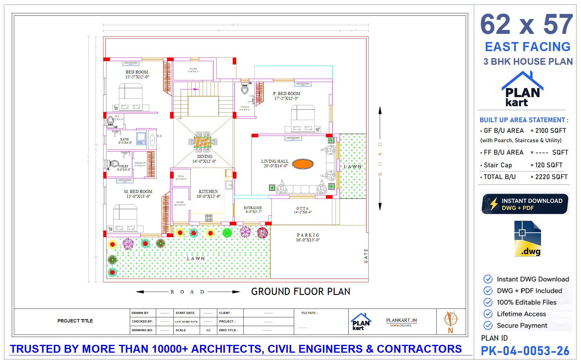 62 x 57 East Facing 3 BHK House Plan - view 1