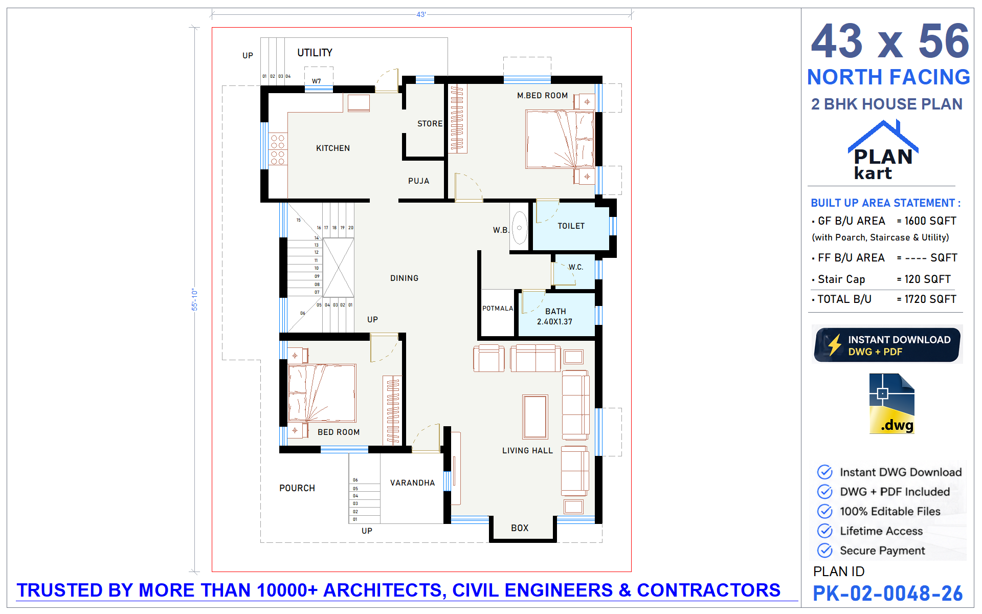 43x56 North Facing 2 BHK House Plan