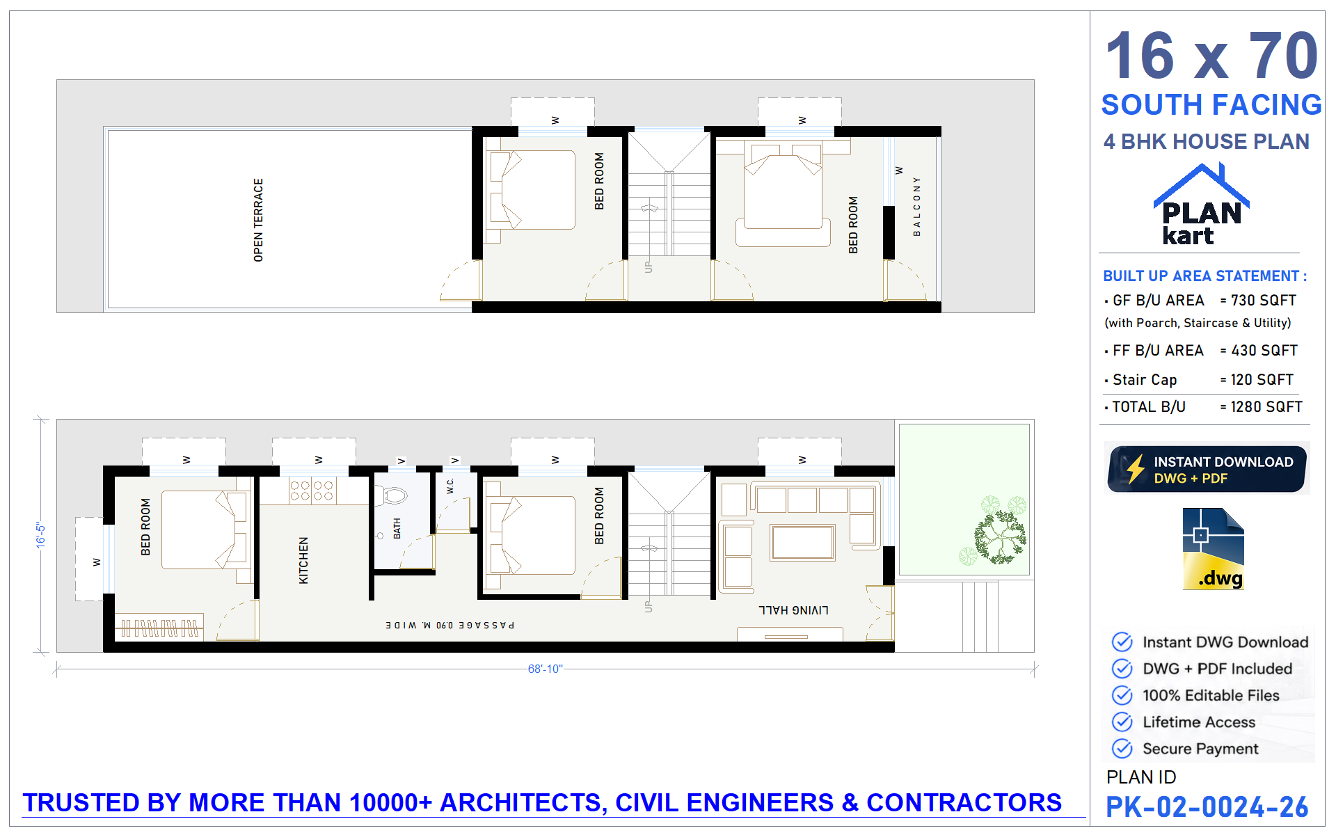 16 x 70 South Facing 4 BHK House Plan - view 1