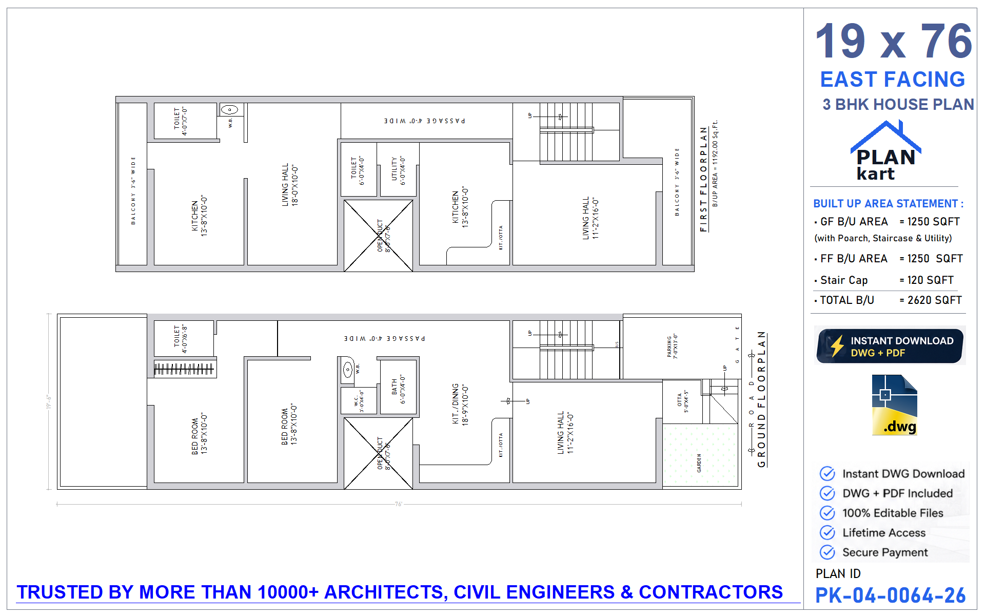 19 x 76 East Facing 3 BHK House Plan - view 1