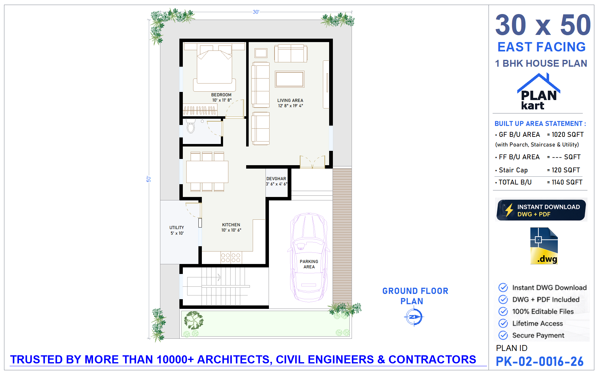 30x50 East Facing House Plan DWG Download | Editable AutoCAD Floor Plan