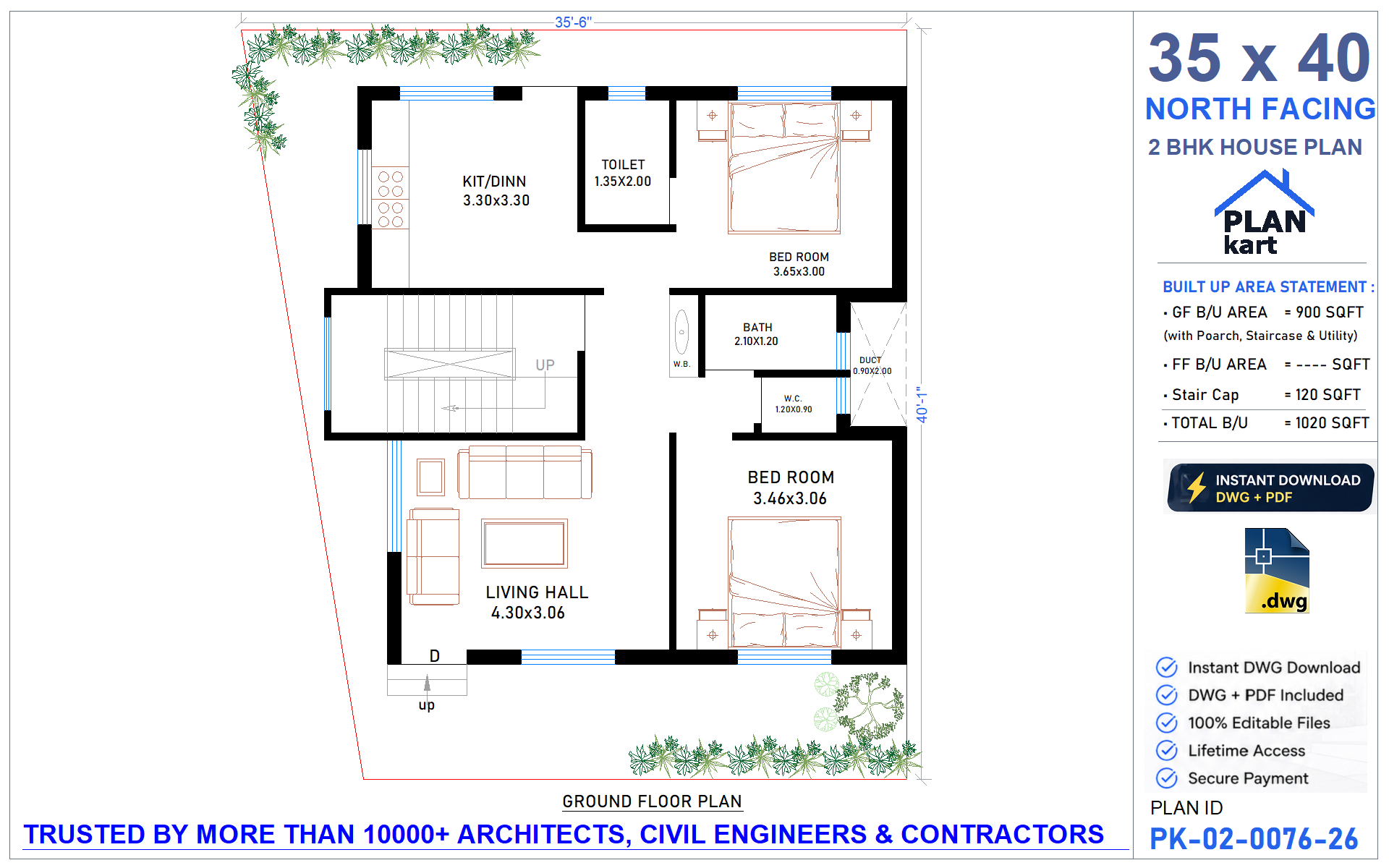 35x40 North Facing 2 BHK House Plan