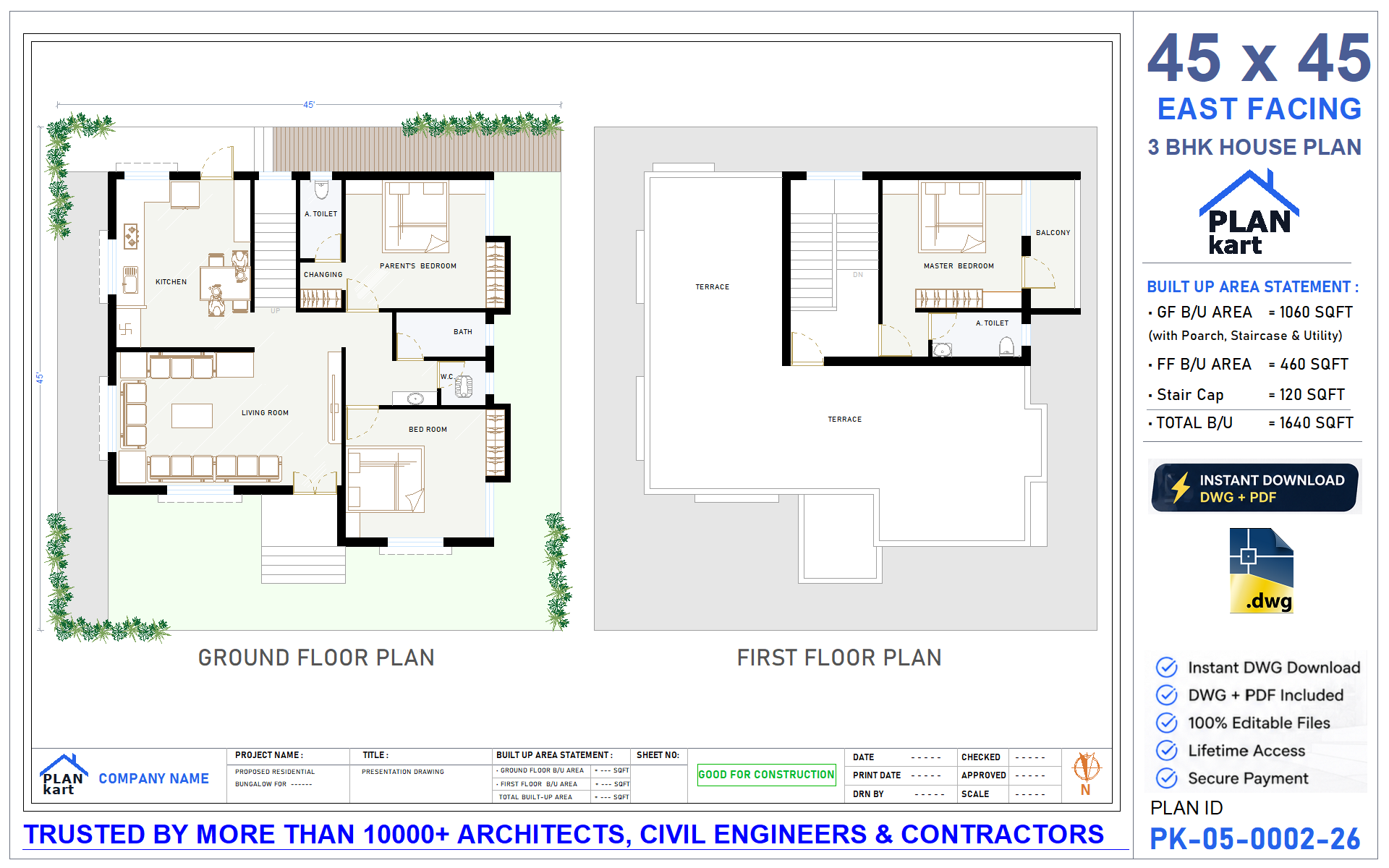 45x45 East Facing 3BHK House Plan