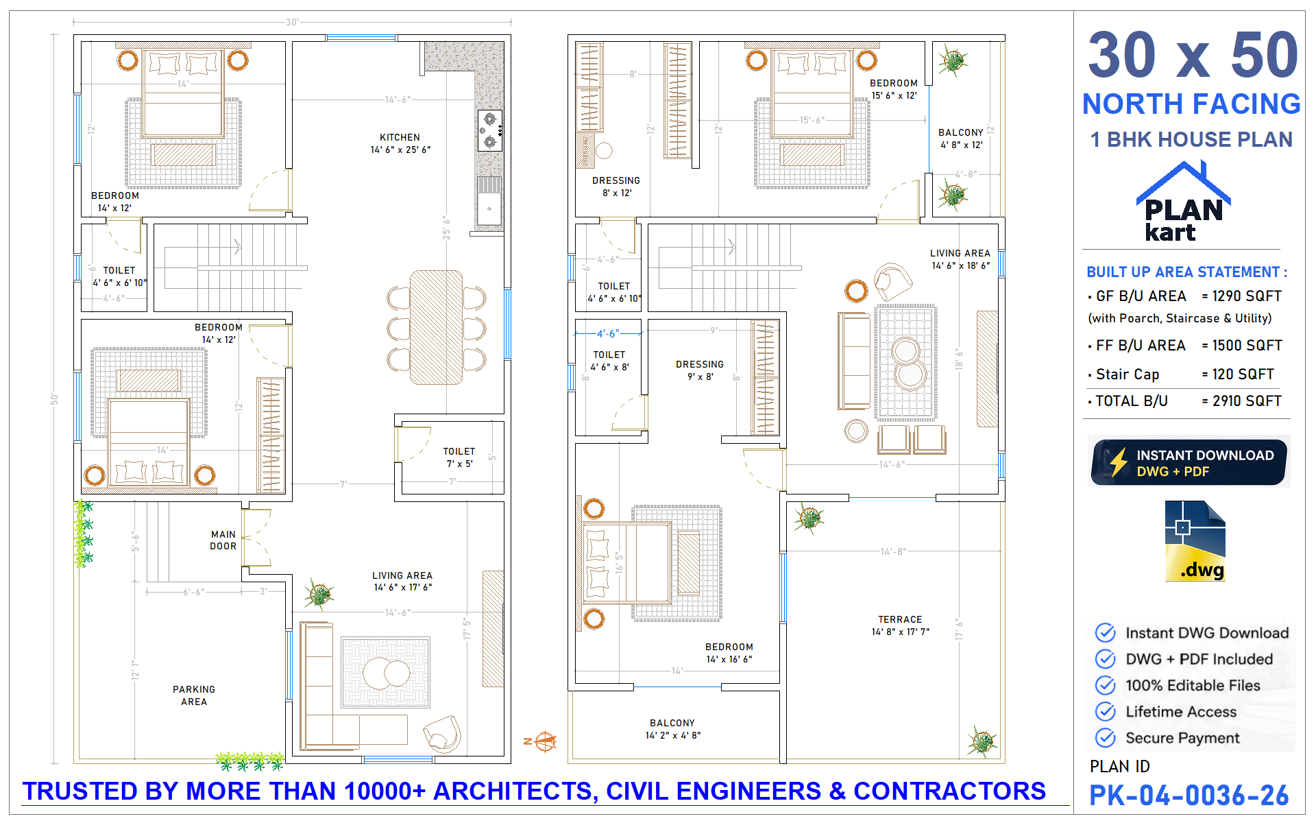30 x 50 North Facing 4 BHK House Plan - view 1