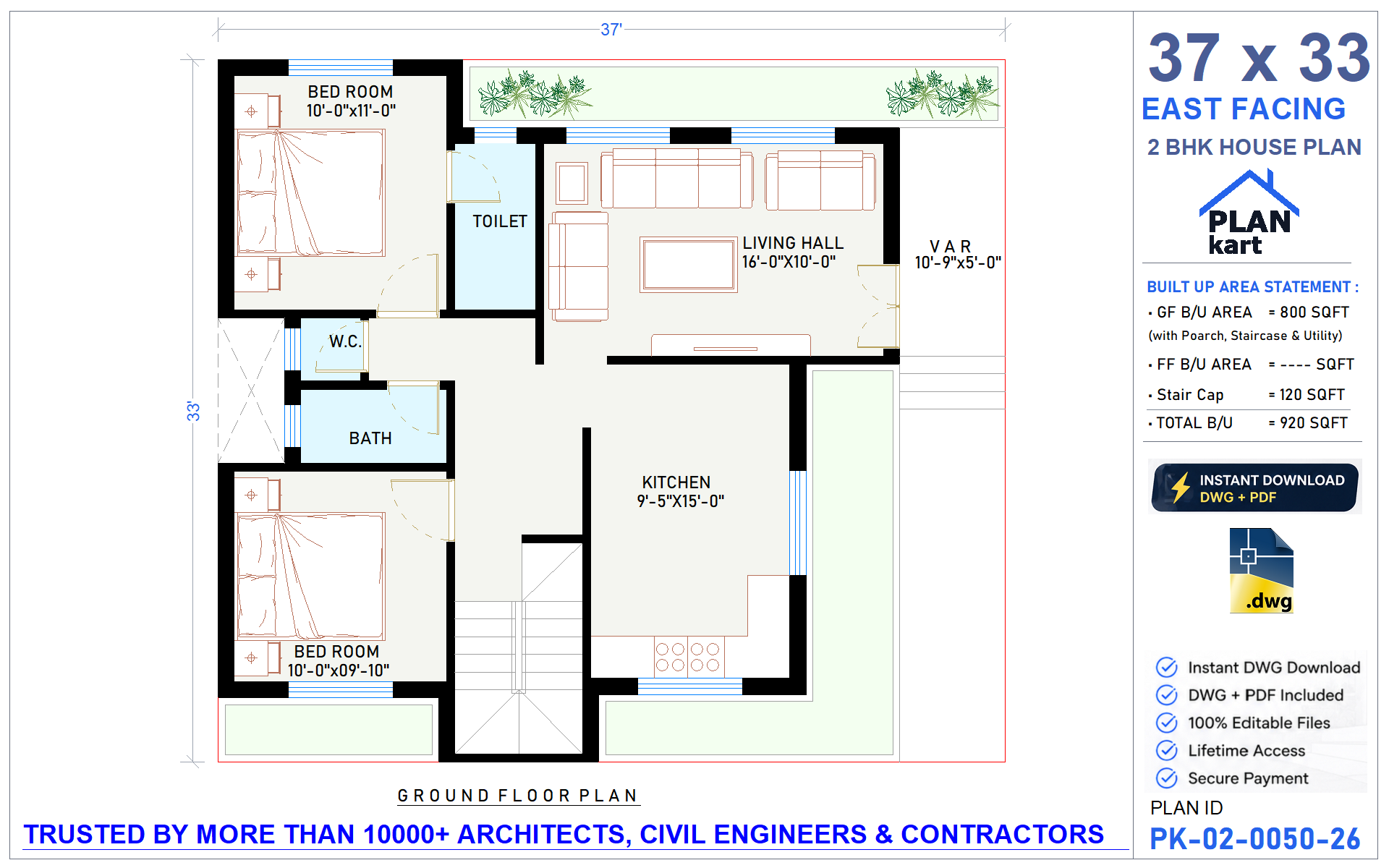 37x33 East Facing 2 BHK House Plan