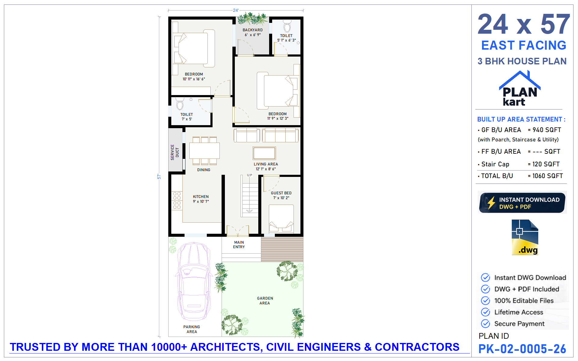 24 X 57 House Plan | East Facing 3 BHK Floor Plan (.dwg)