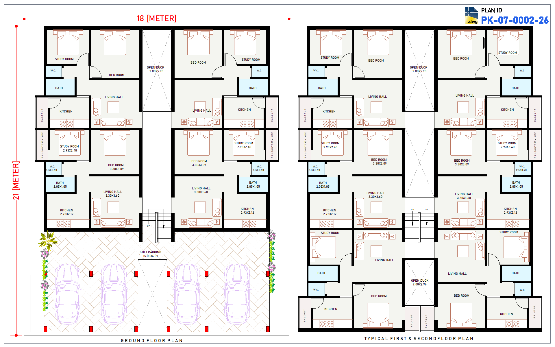 18x21 m Apartment Plan (1 BHK + 2 BHK)