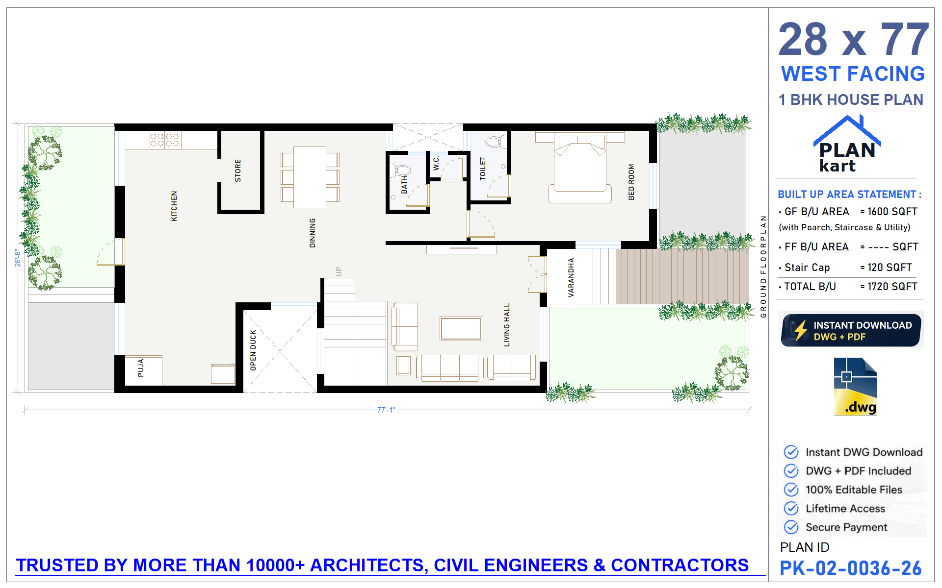28x77 South Facing 1 BHK House Plan