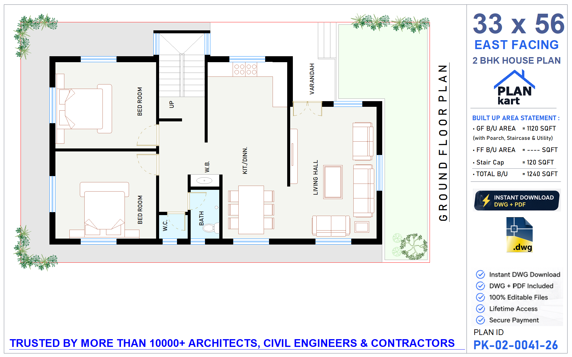 33x56 East Facing 2 BHK House Plan