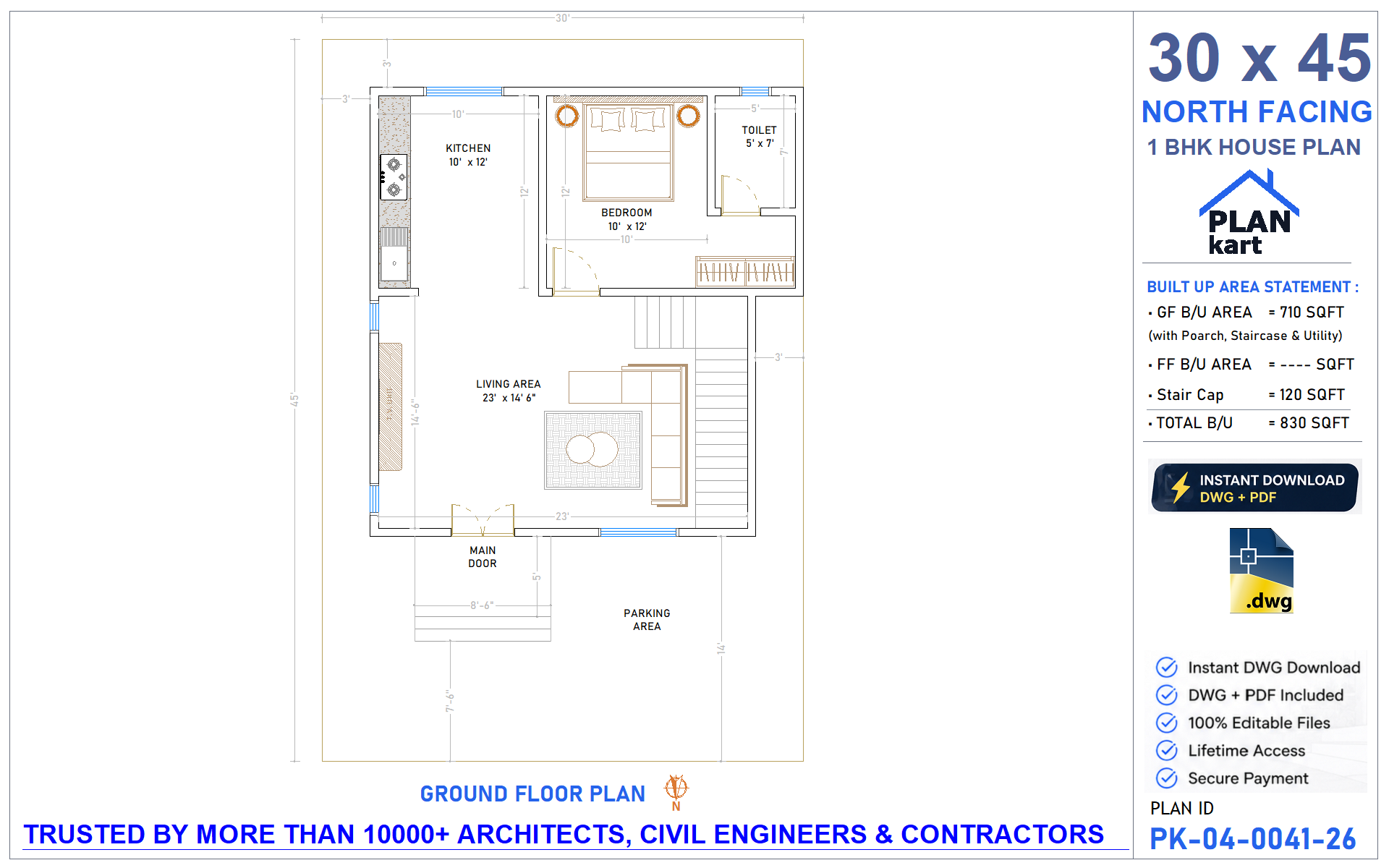 30 x 45 North Facing 1 BHK House Plan - view 1