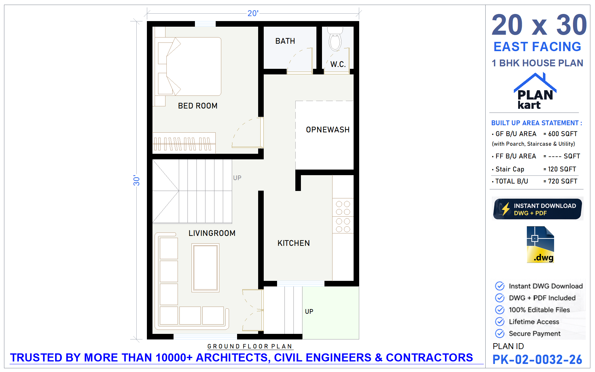 20x30 East Facing 1 BHK House Plan - view 1