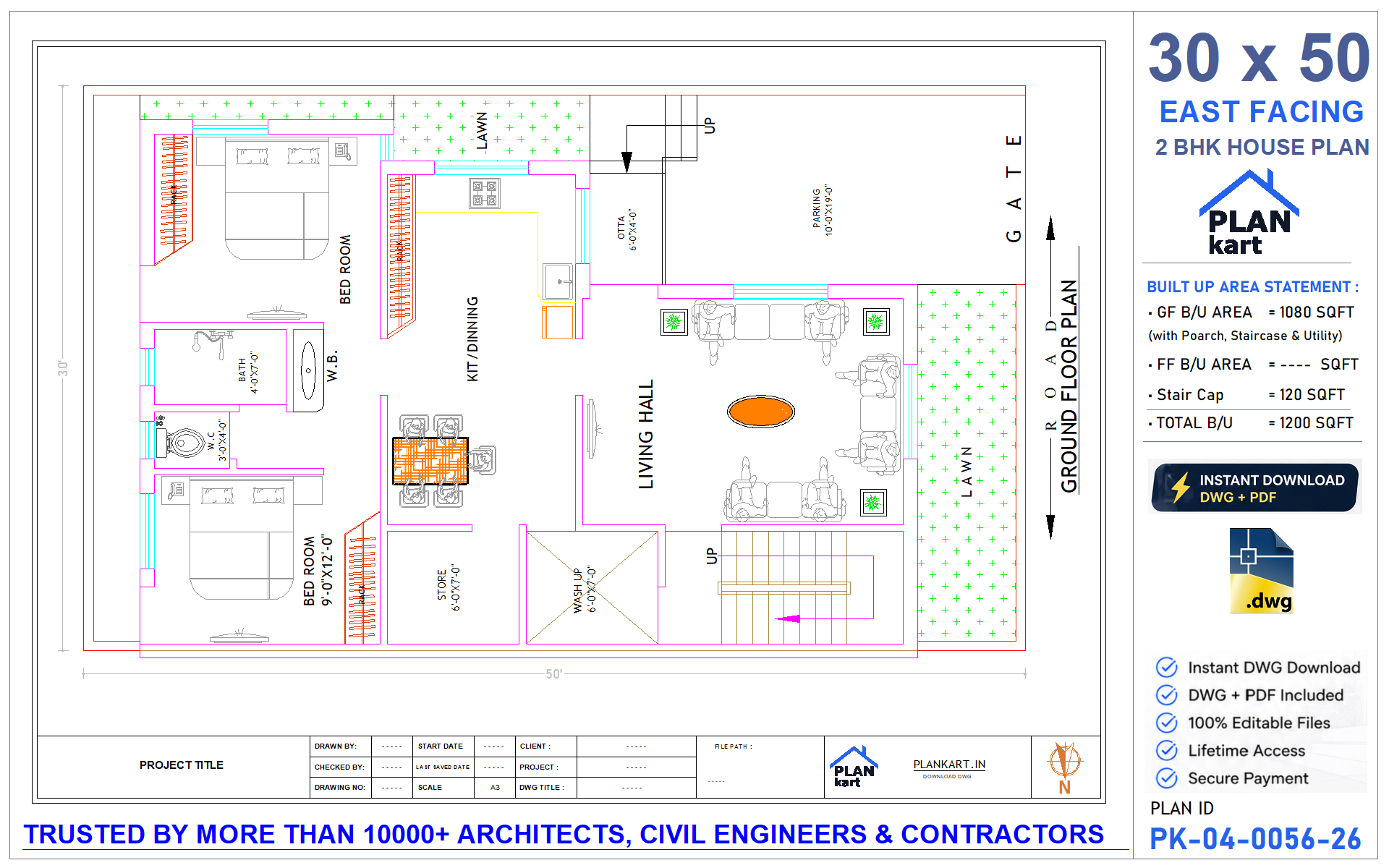 30 x 50 East Facing 2 BHK House Plan - view 1