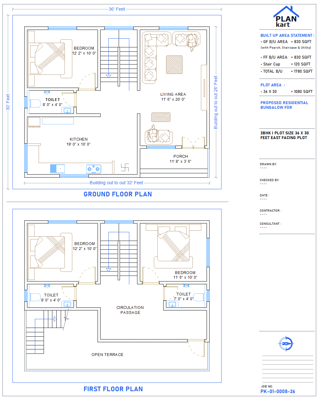 3 BHK I 36 x 30 ft East Facing (.dwg)