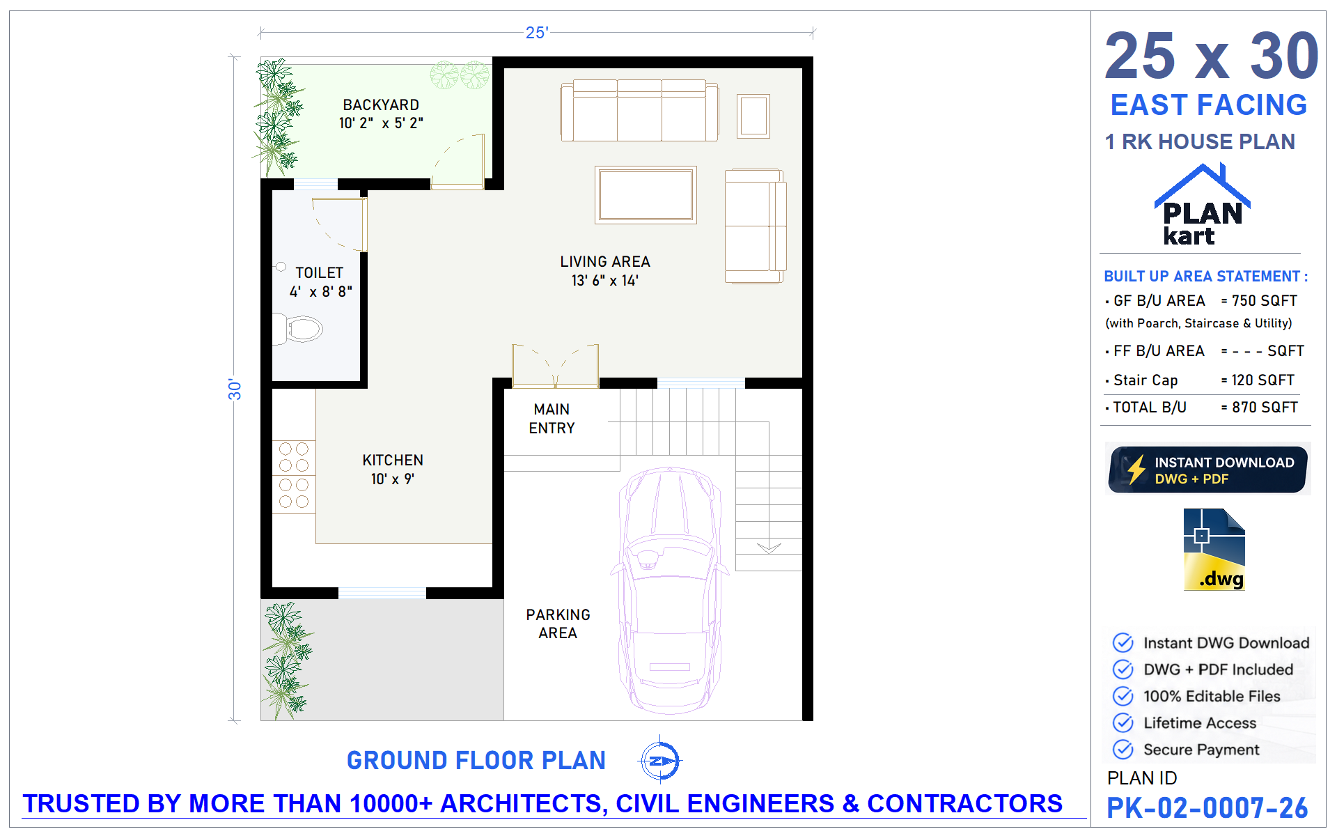 25 X 30 House Plan | East Facing 1 RK Floor Plan (.dwg)