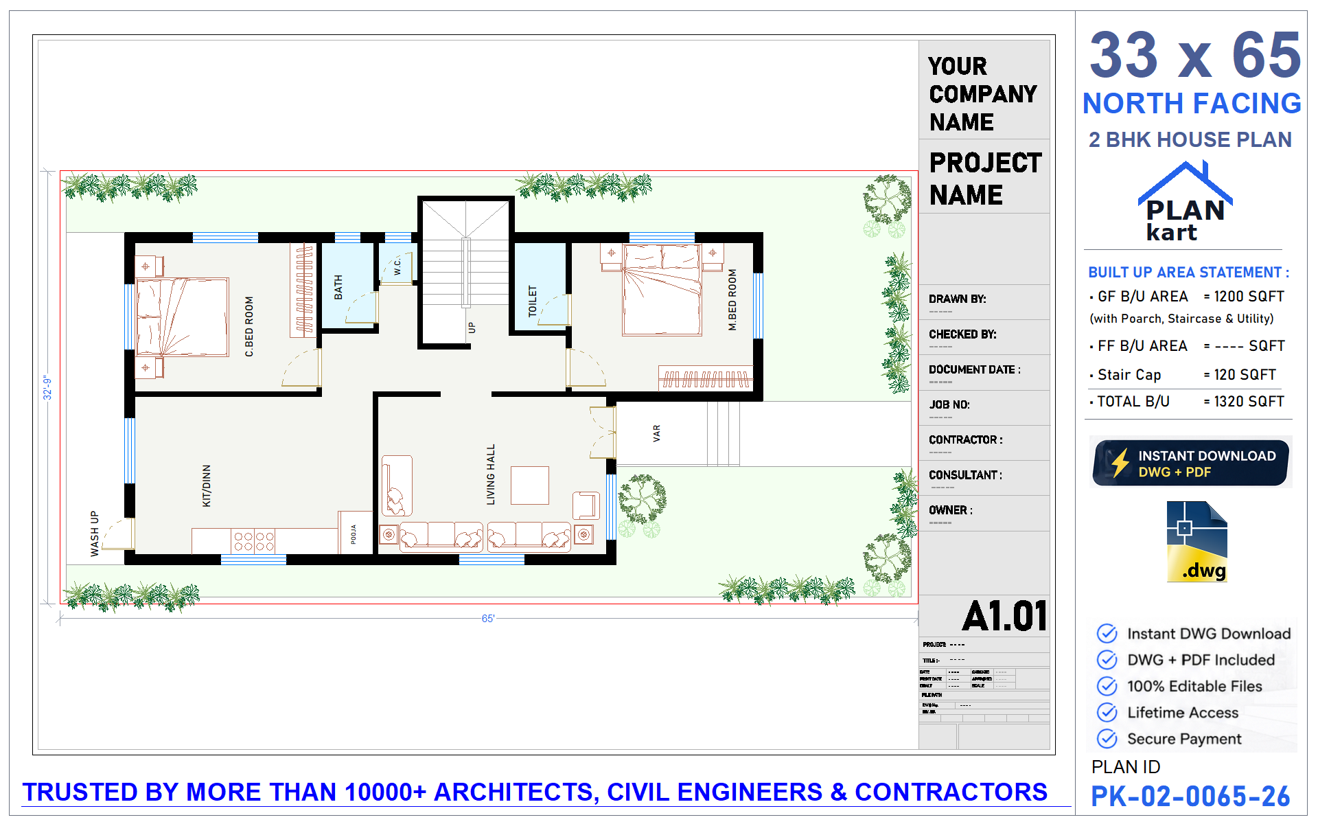 33x65 North Facing 2 BHK House Plan