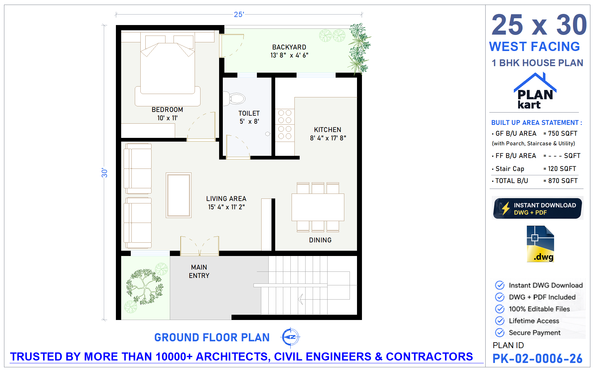 25 X 30 House Plan | West Facing 1 BHK Floor Plan (.dwg)
