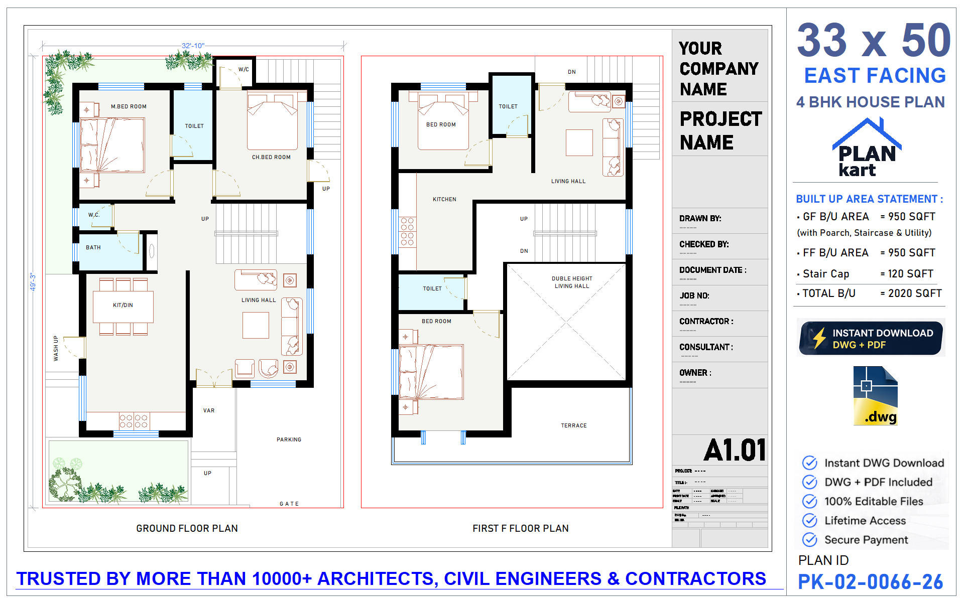 33x50 East Facing 4 BHK House Plan