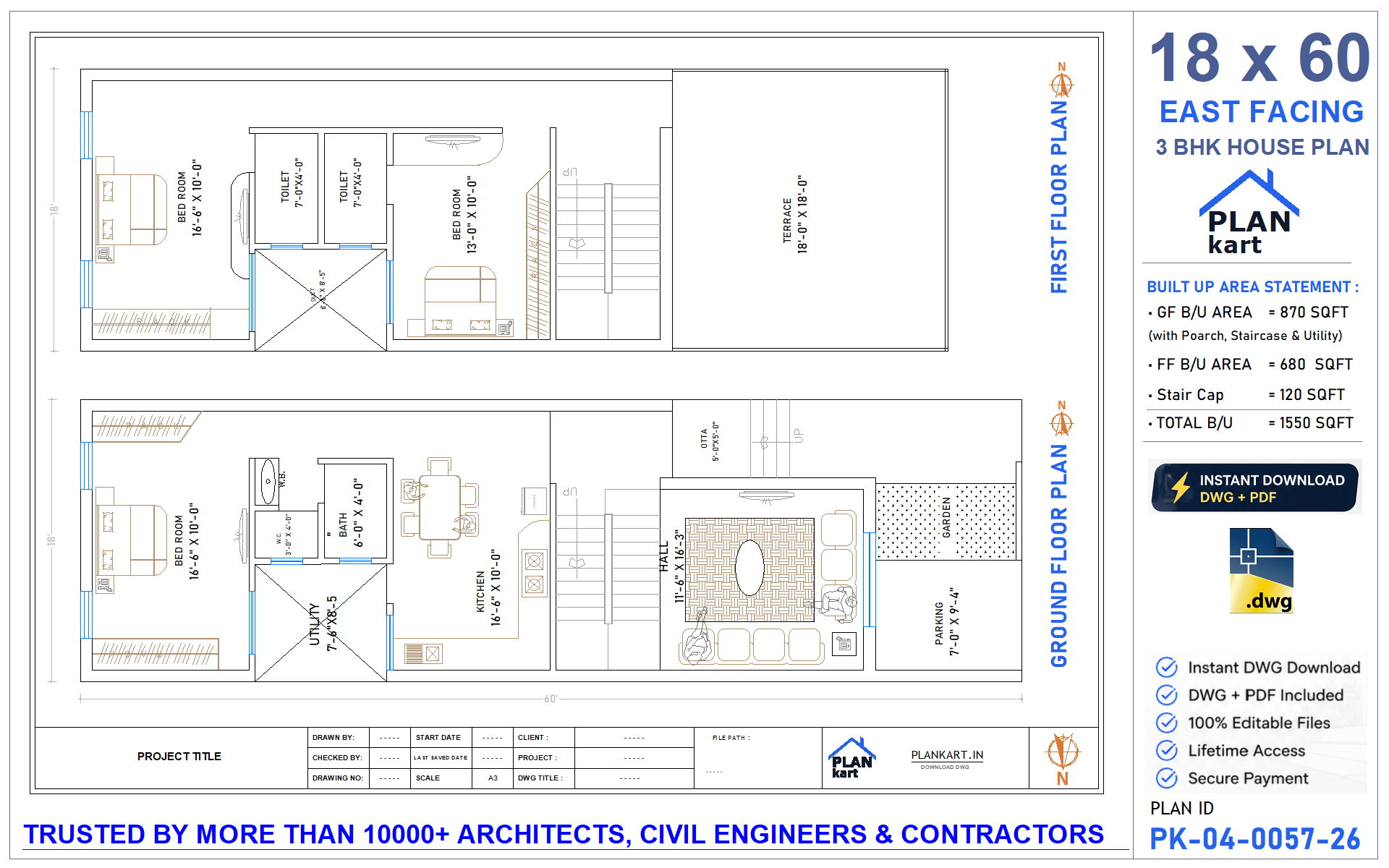 18 x 60 East Facing 3 BHK House Plan - view 1