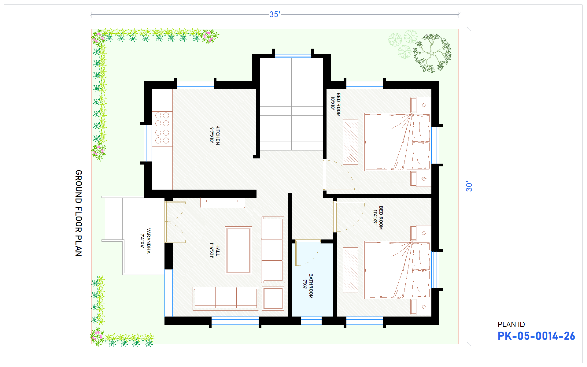 30x35 East Facing 2 BHK House Plan - view 1