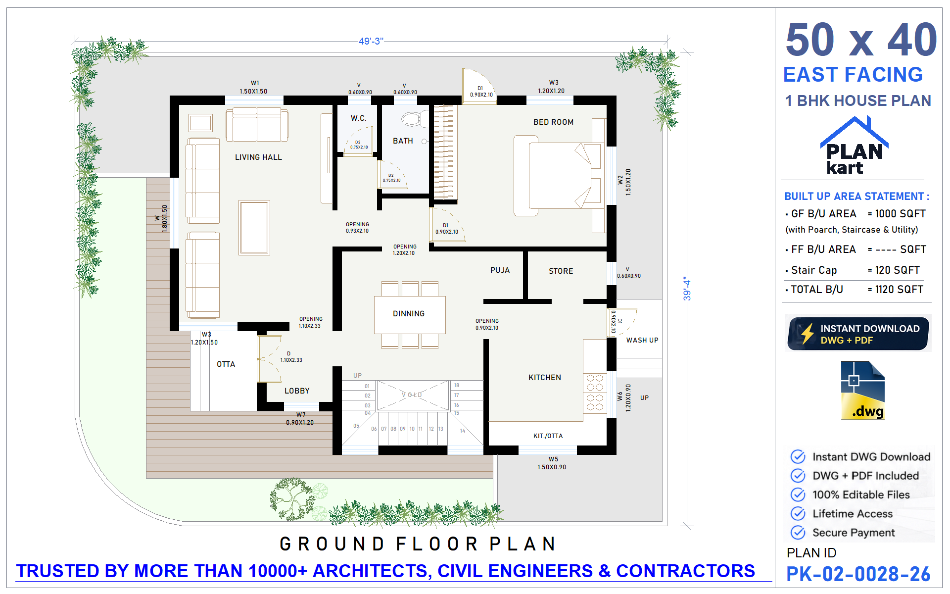 50 x 40 East Facing 1 BHK House Plan - view 1