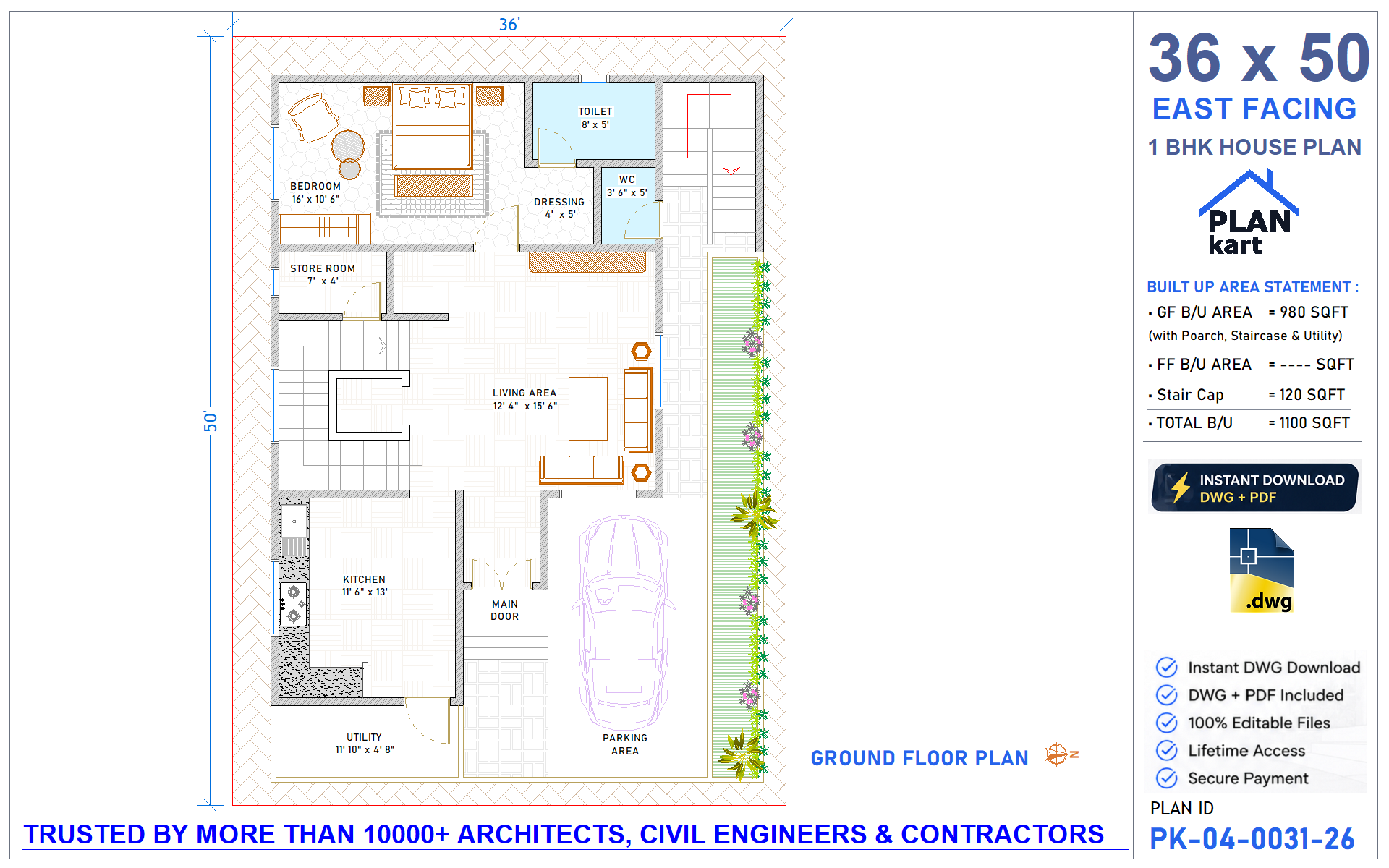 36 x 50 East Facing House Plan | 1 BHK - view 1