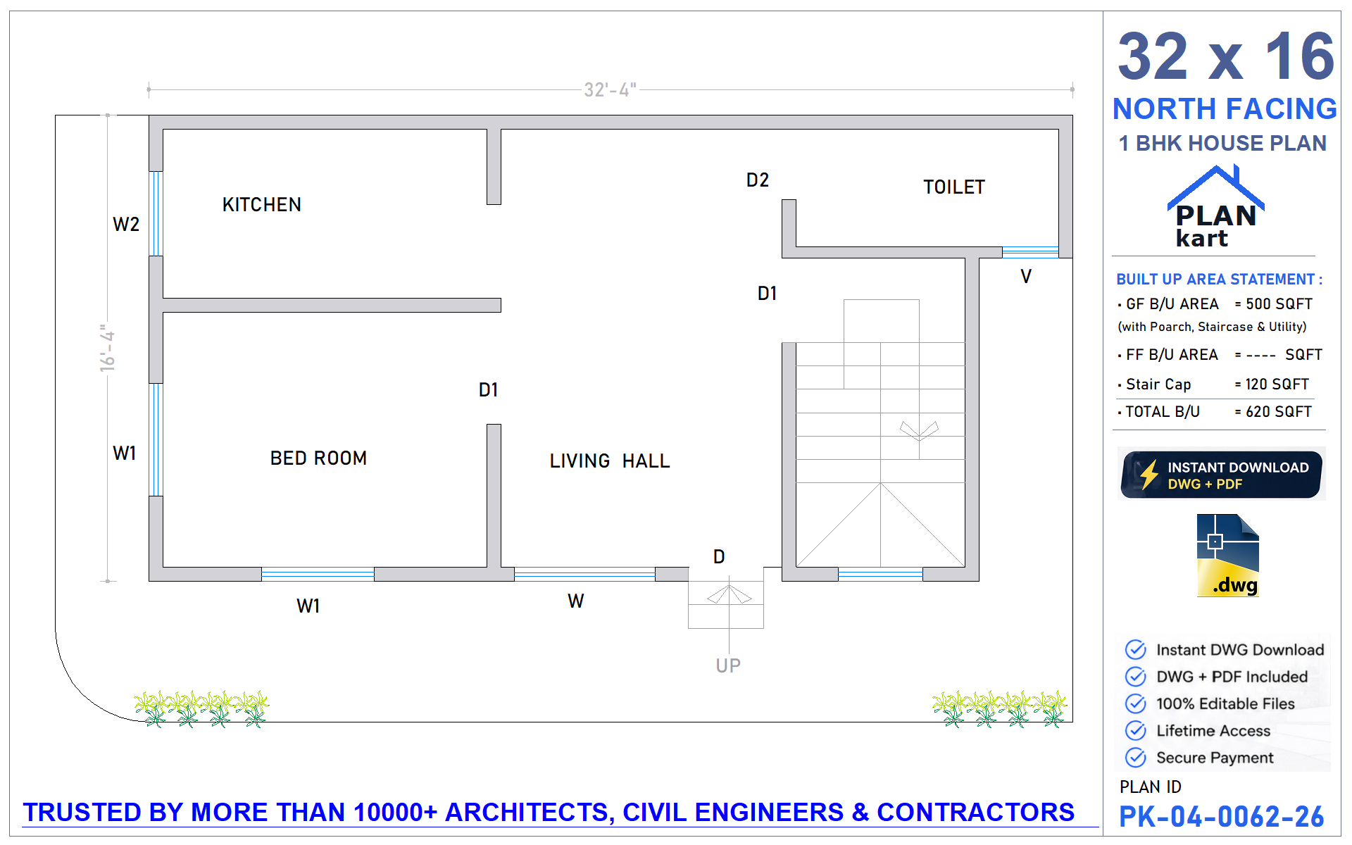 32 x 16 North Facing 1 BHK House Plan - view 1