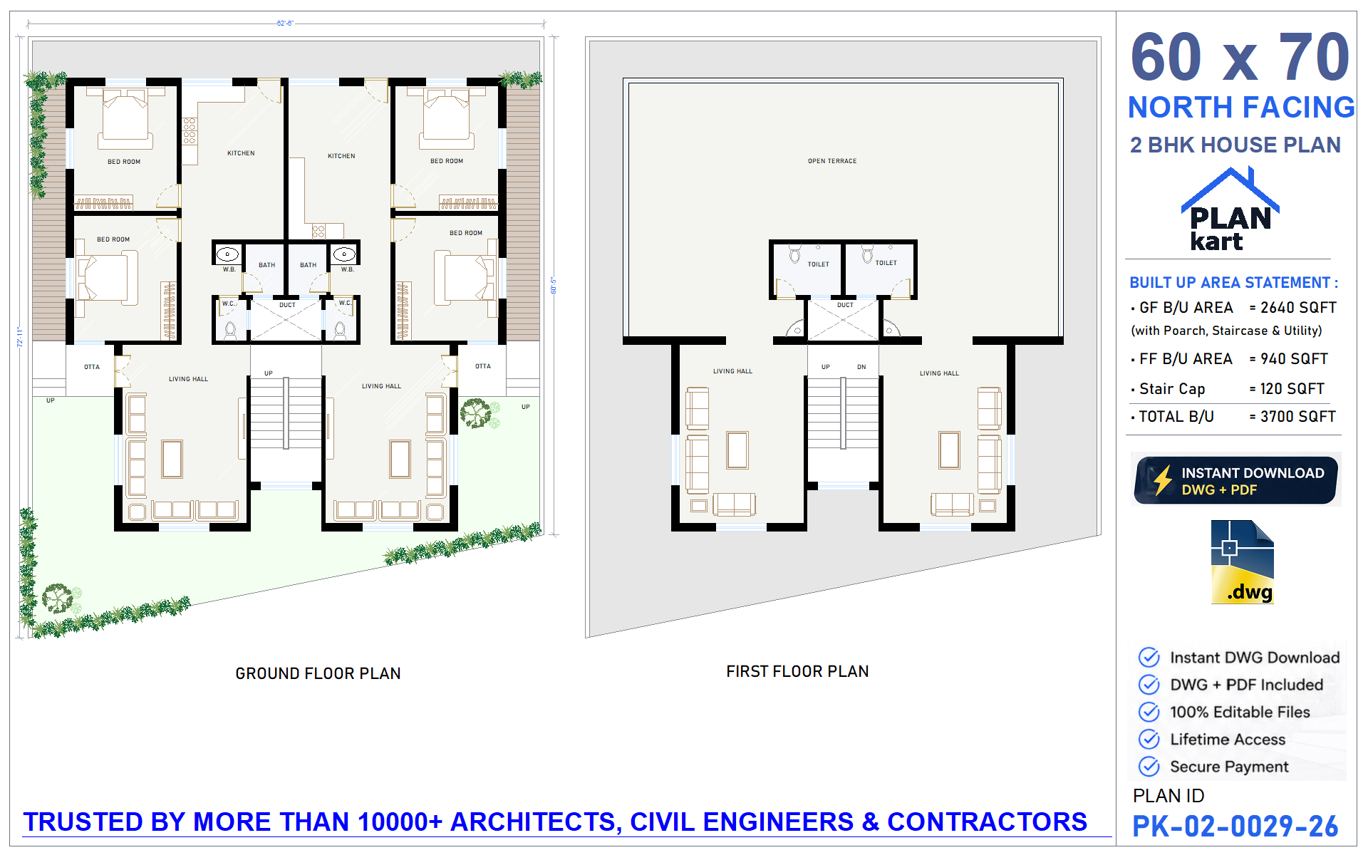 60 x 70 North Facing 2 BHK House Plan - view 1