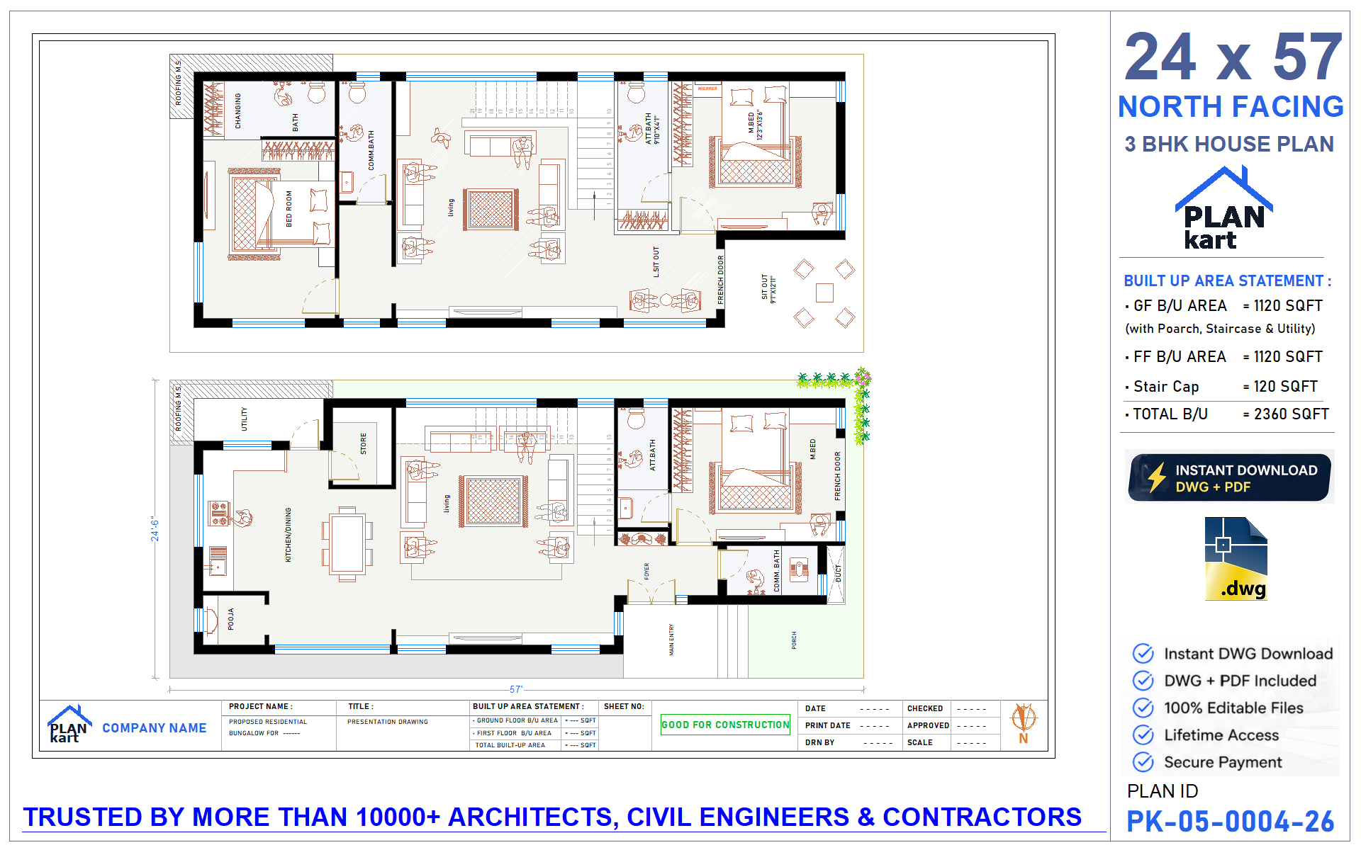 24x57 North Facing 2BHK House Plan