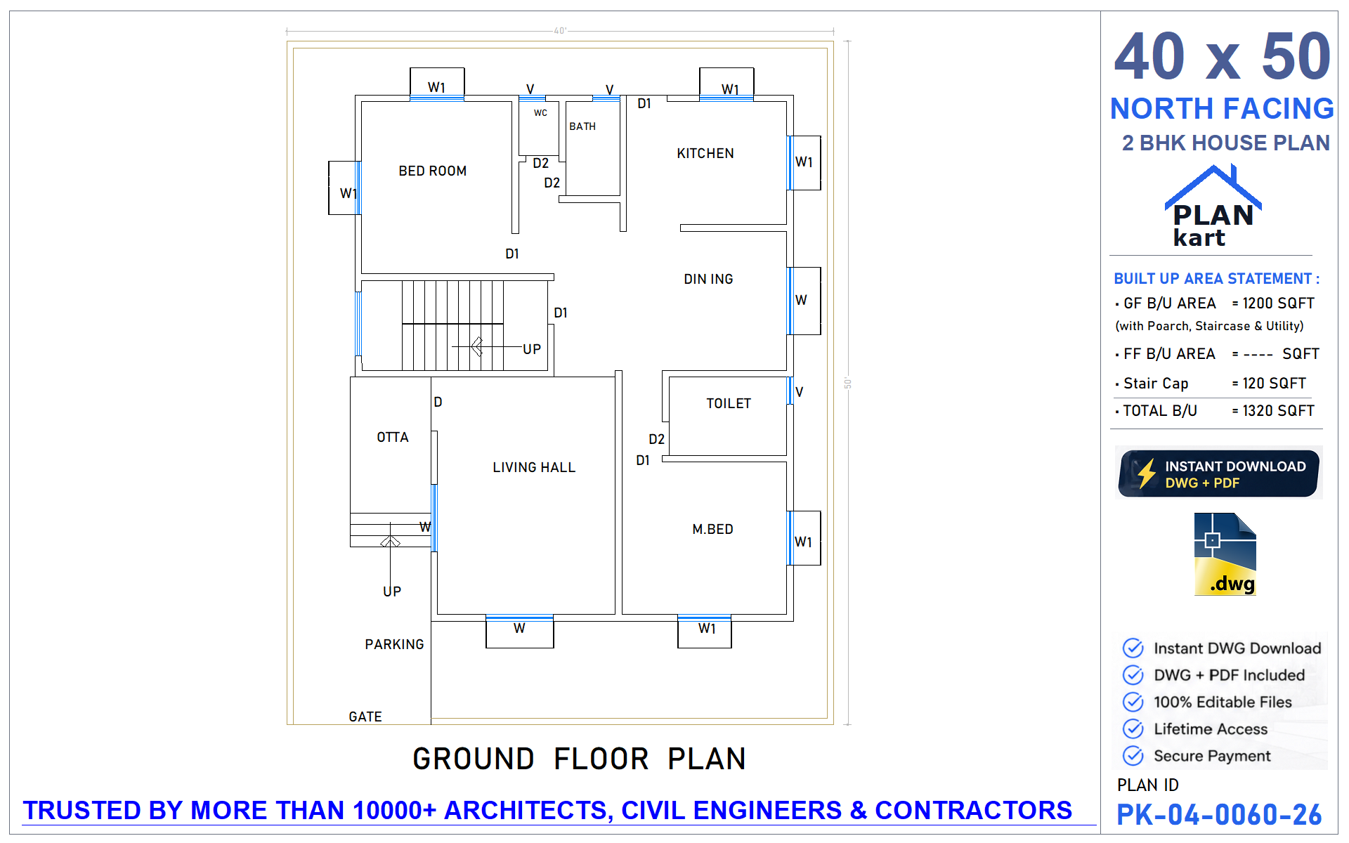 40 x 50 North Facing 2 BHK House Plan - view 1