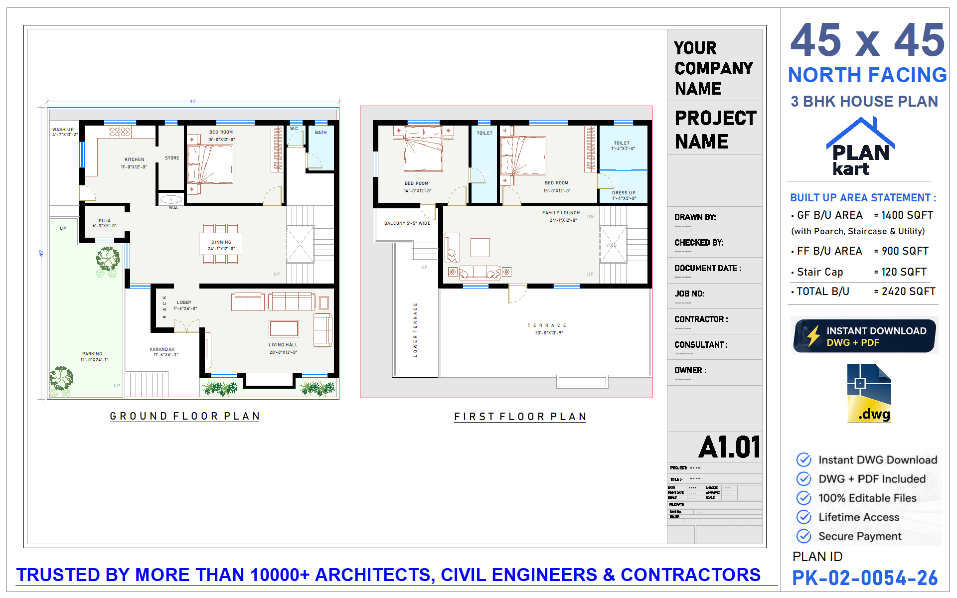 45x45 North Facing 3 BHK House Plan
