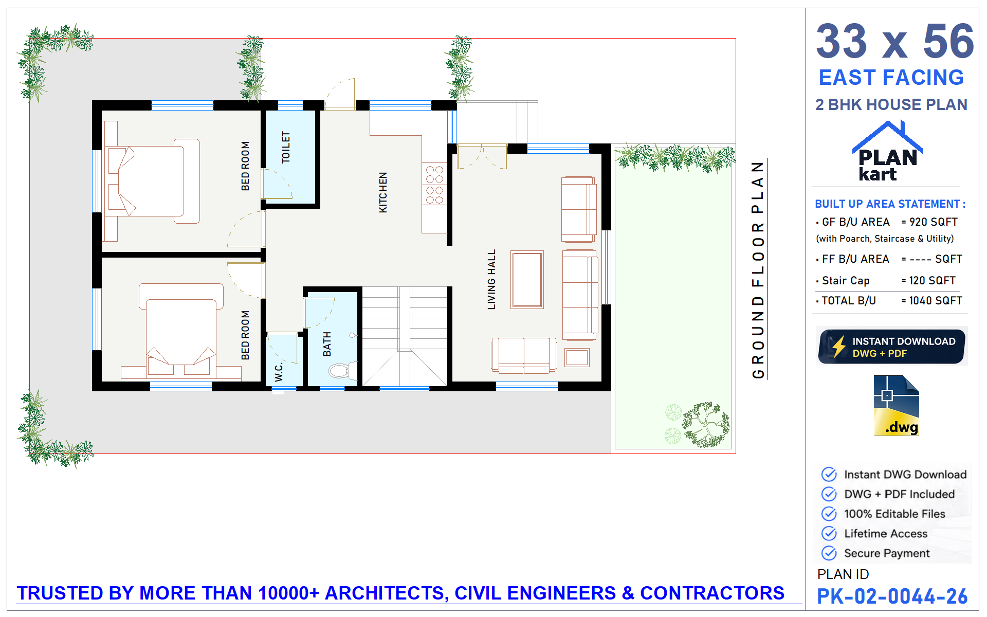 33x56 East Facing 2 BHK House Plan
