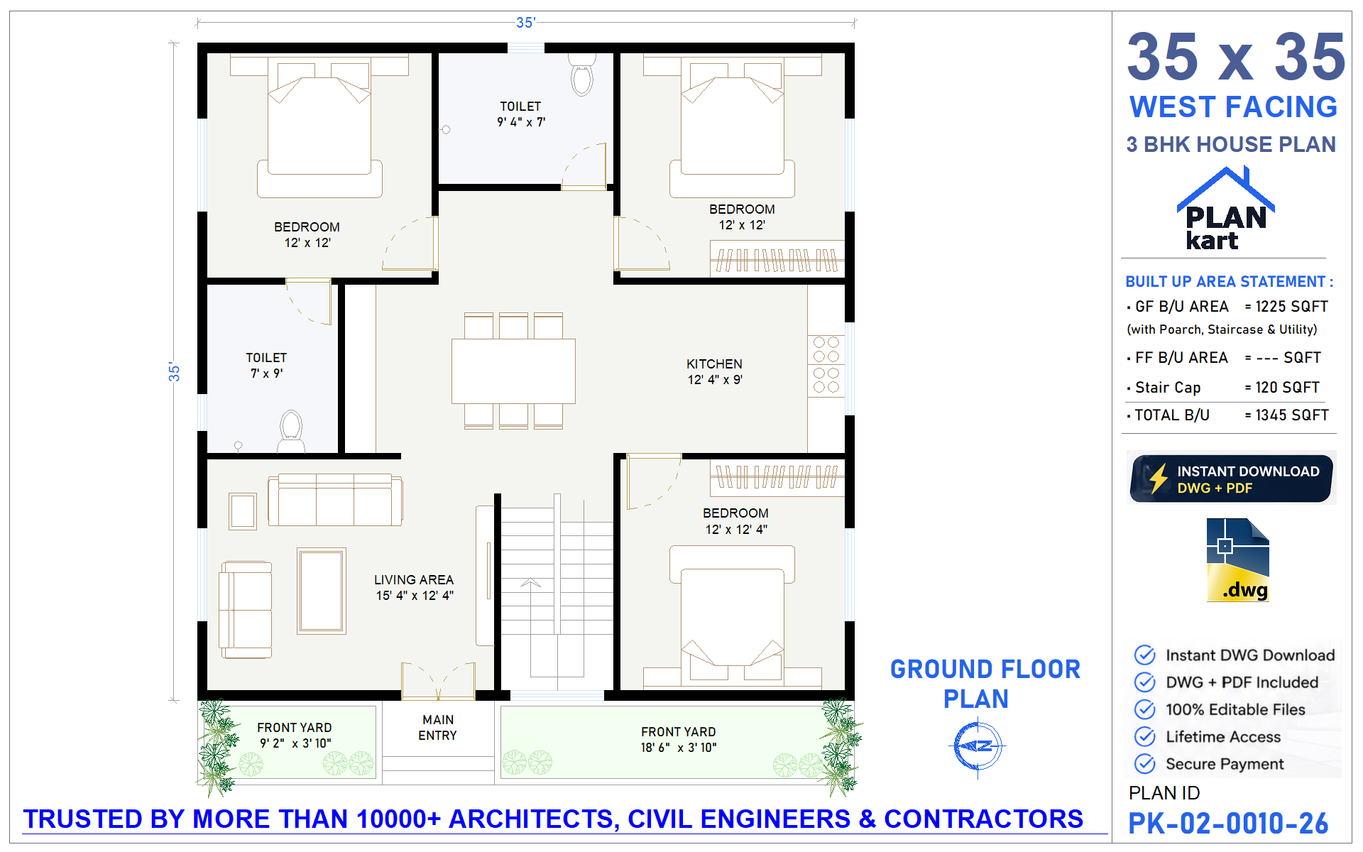 35 X 35 House Plan | West Facing 3BHK Floor Plan (.dwg)