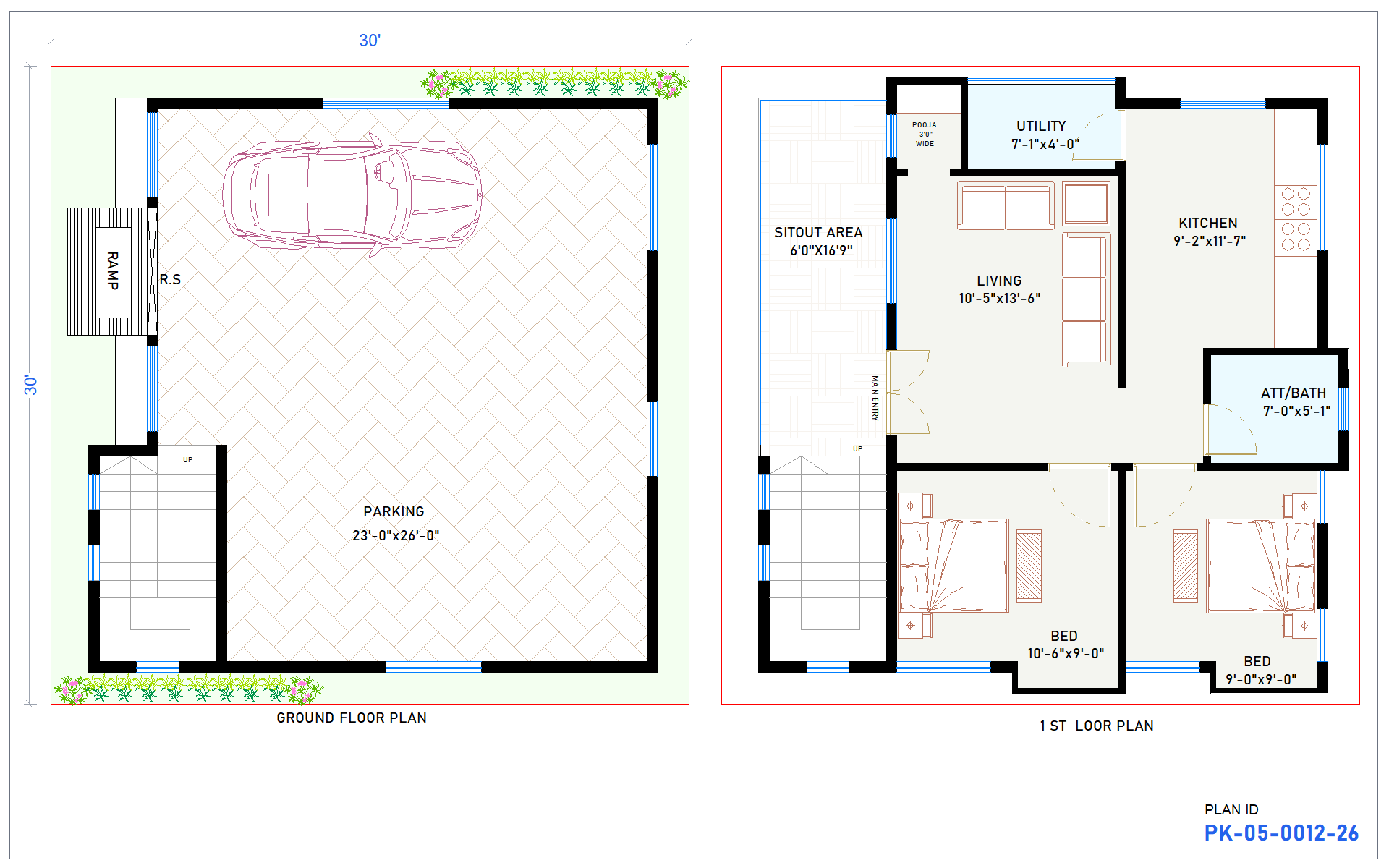 30x30 North Facing 2 BHK House Plan - view 1