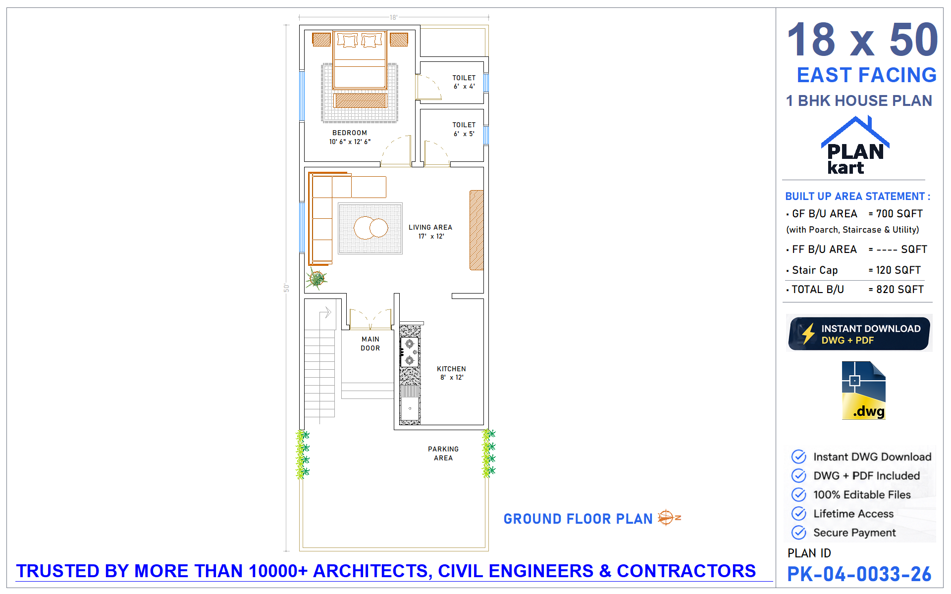18 x 50 East Facing 1 BHK House Plan - view 1