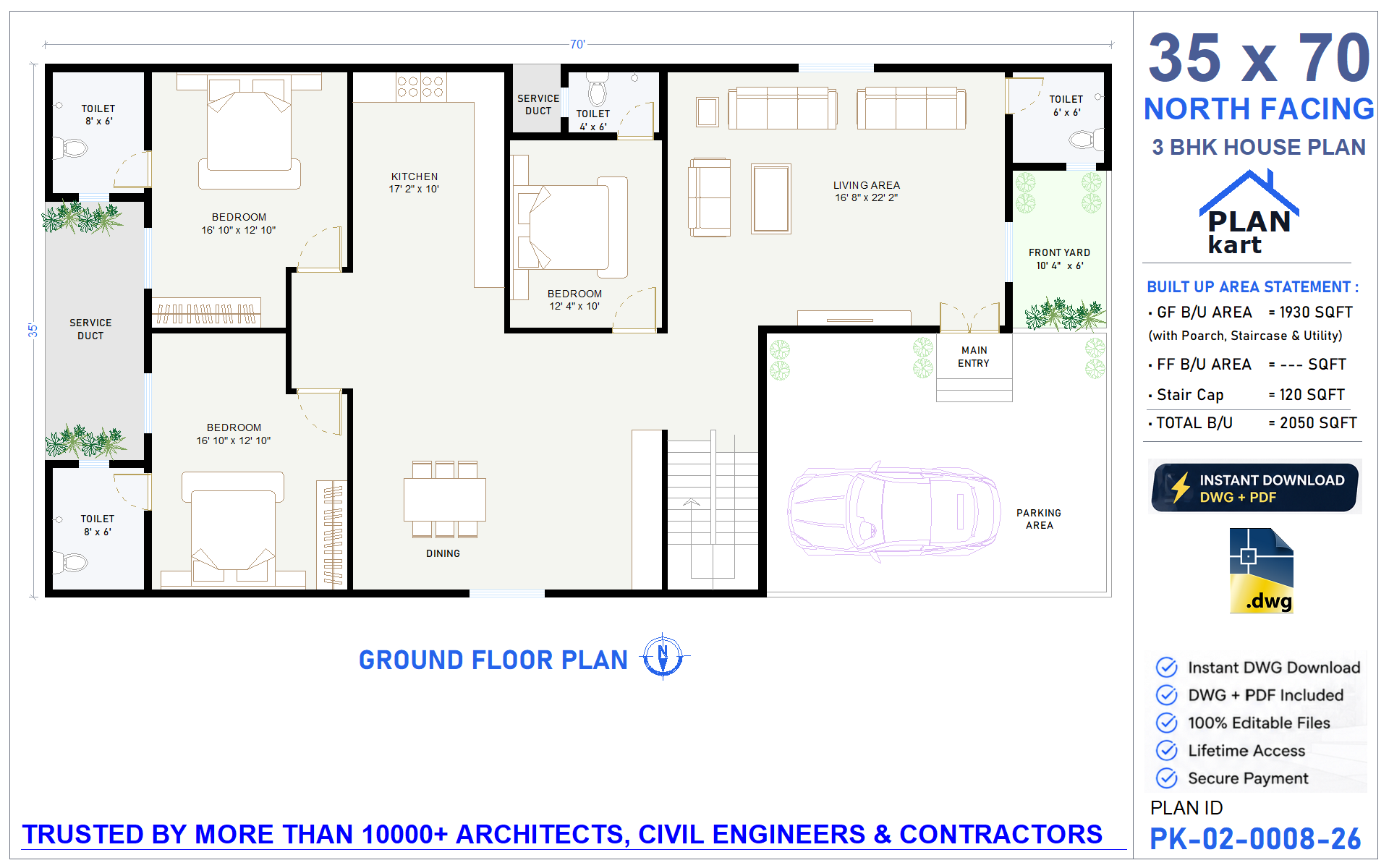 35 X 70 House Plan | North Facing 3BHK Floor Plan (.dwg)