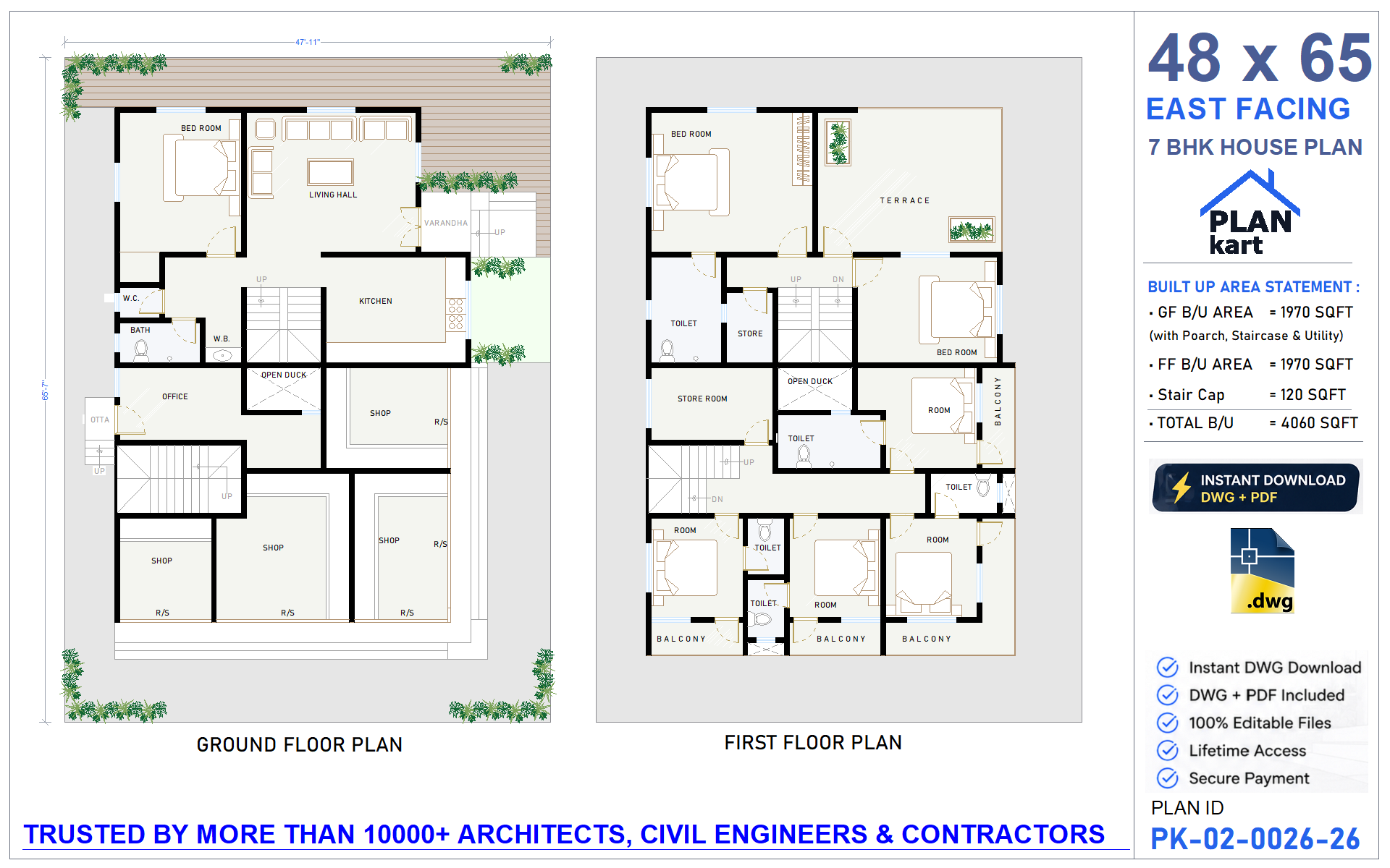 48 x 65 East Facing 7 BHK House Plan - view 1