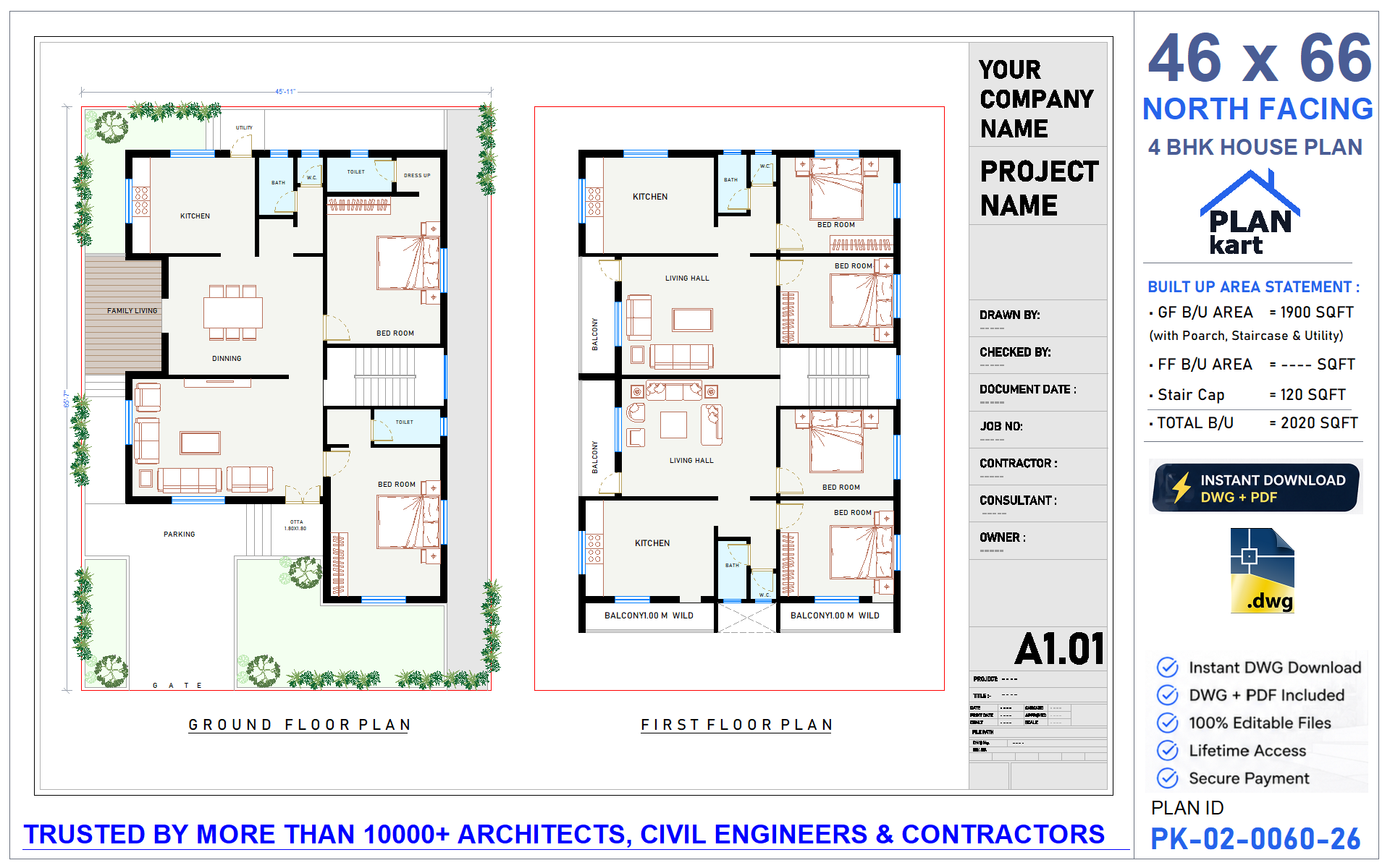 46x66 North Facing 4 BHK House Plan
