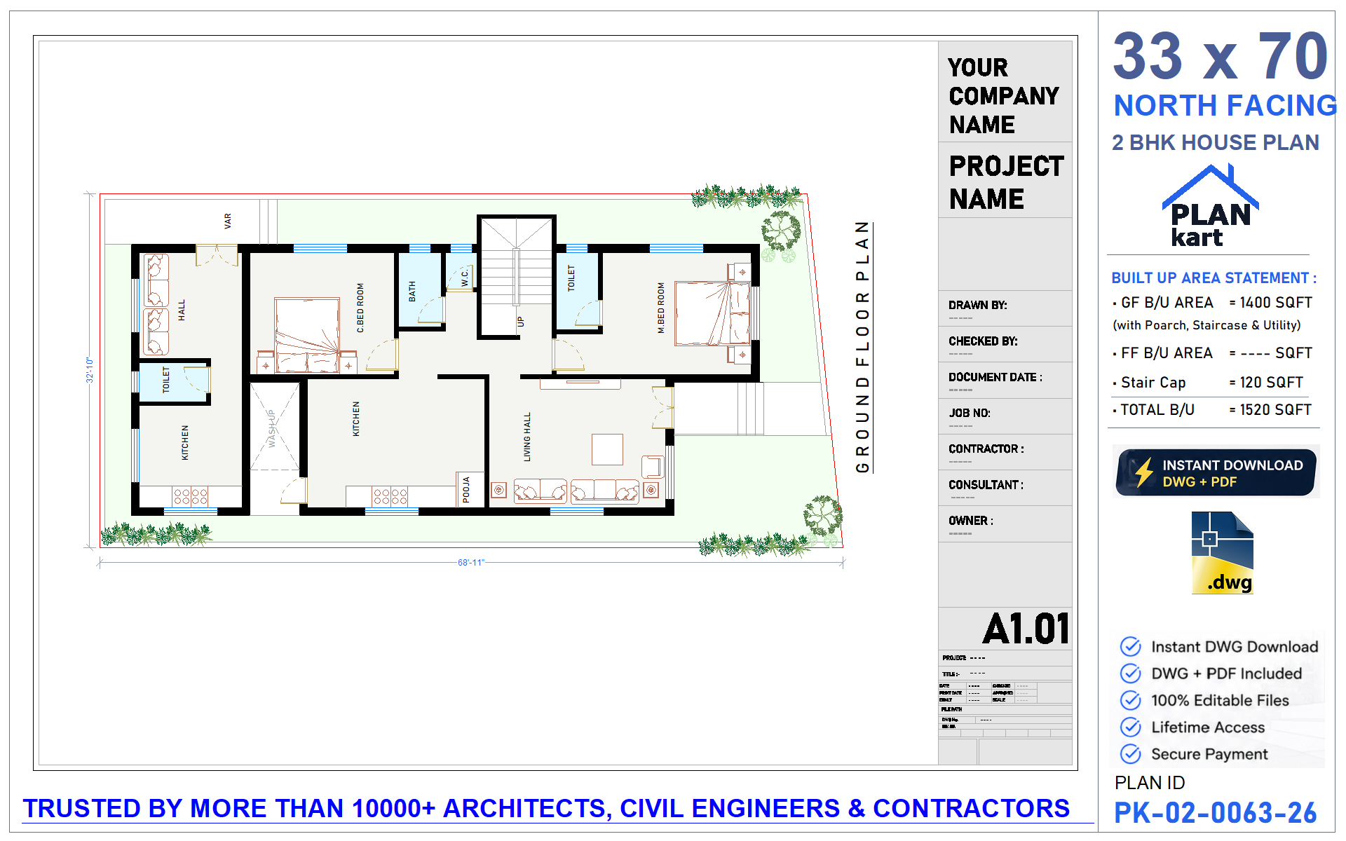 33x70 North Facing 2 BHK House Plan